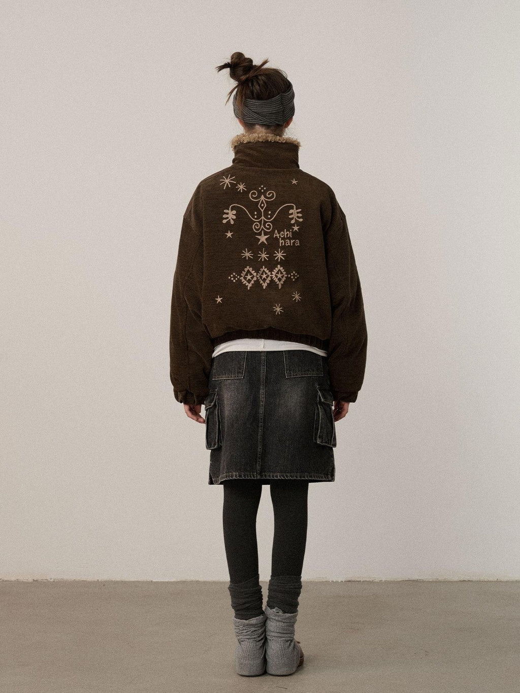 Achihara Hazelnut Brown Stand Collar Zippered Loose Fit Women'S Corduroy Puffer Jackets