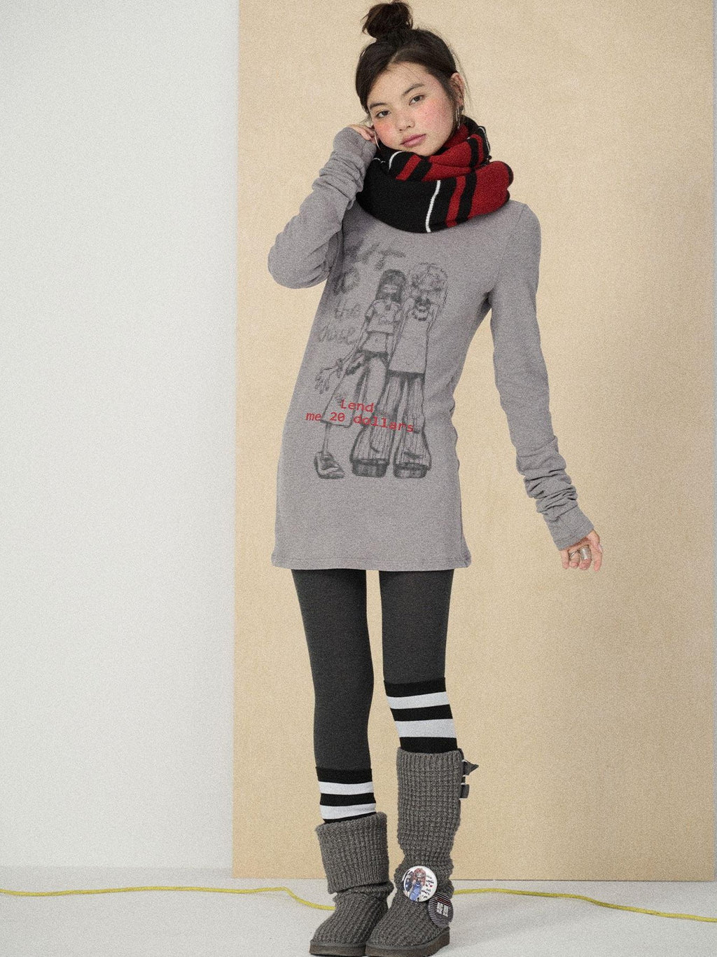 Achihara Heart Print Original Design Straight Cut Women'S Viscose Long Sleeve T-Shirts