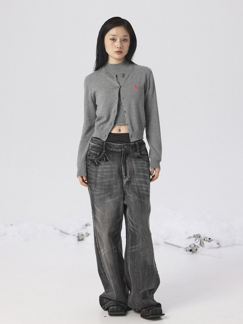 Achihara Heather Gray Long Sleeve Open Front Women'S Brushed Knit Cardigans