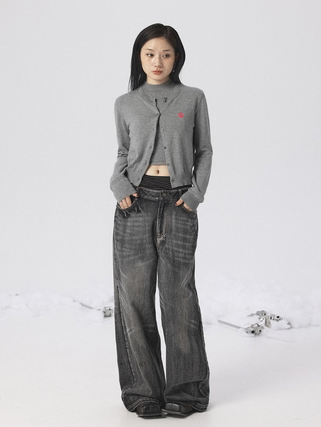 Achihara Heather Gray Long Sleeve Open Front Women'S Brushed Knit Cardigans