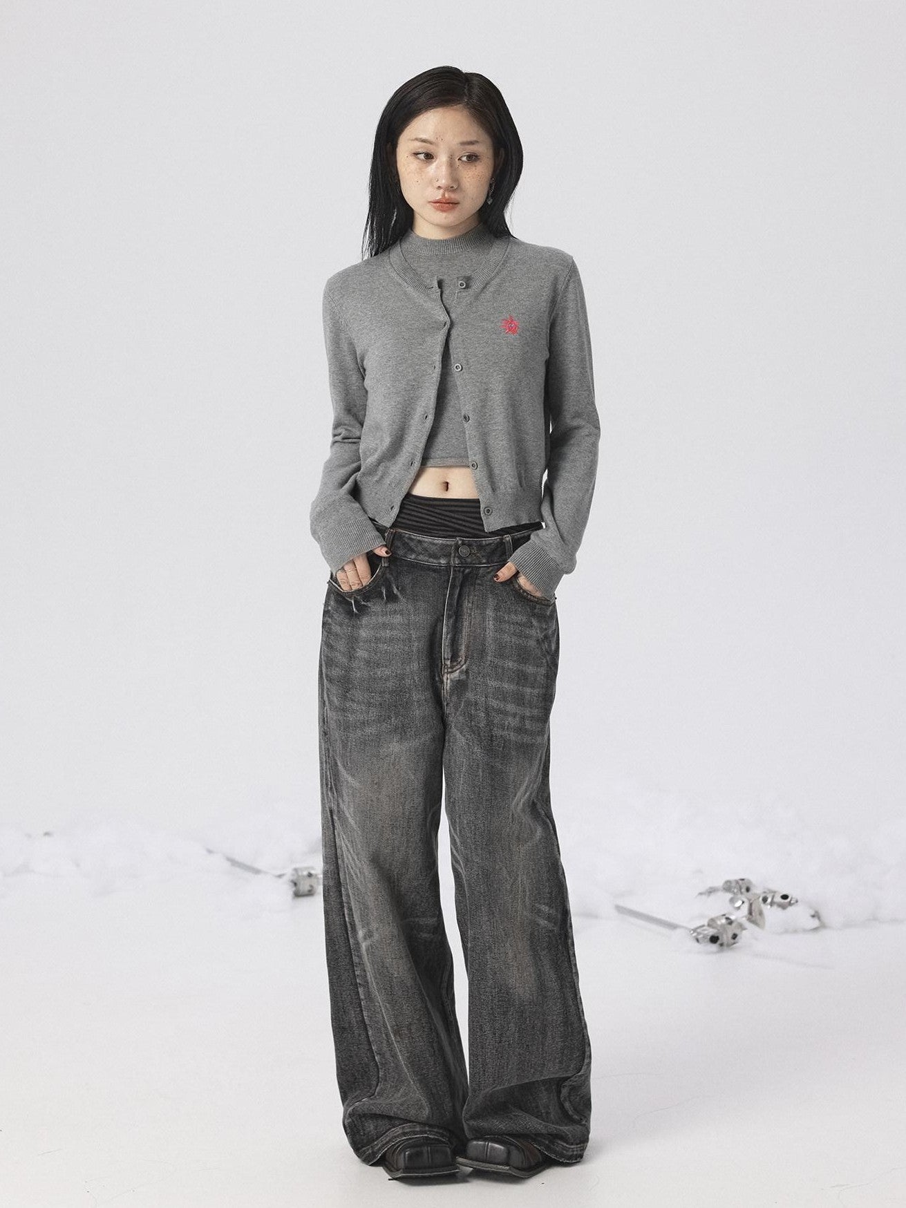 Achihara Heather Gray Long Sleeve Open Front Women'S Brushed Knit Cardigans