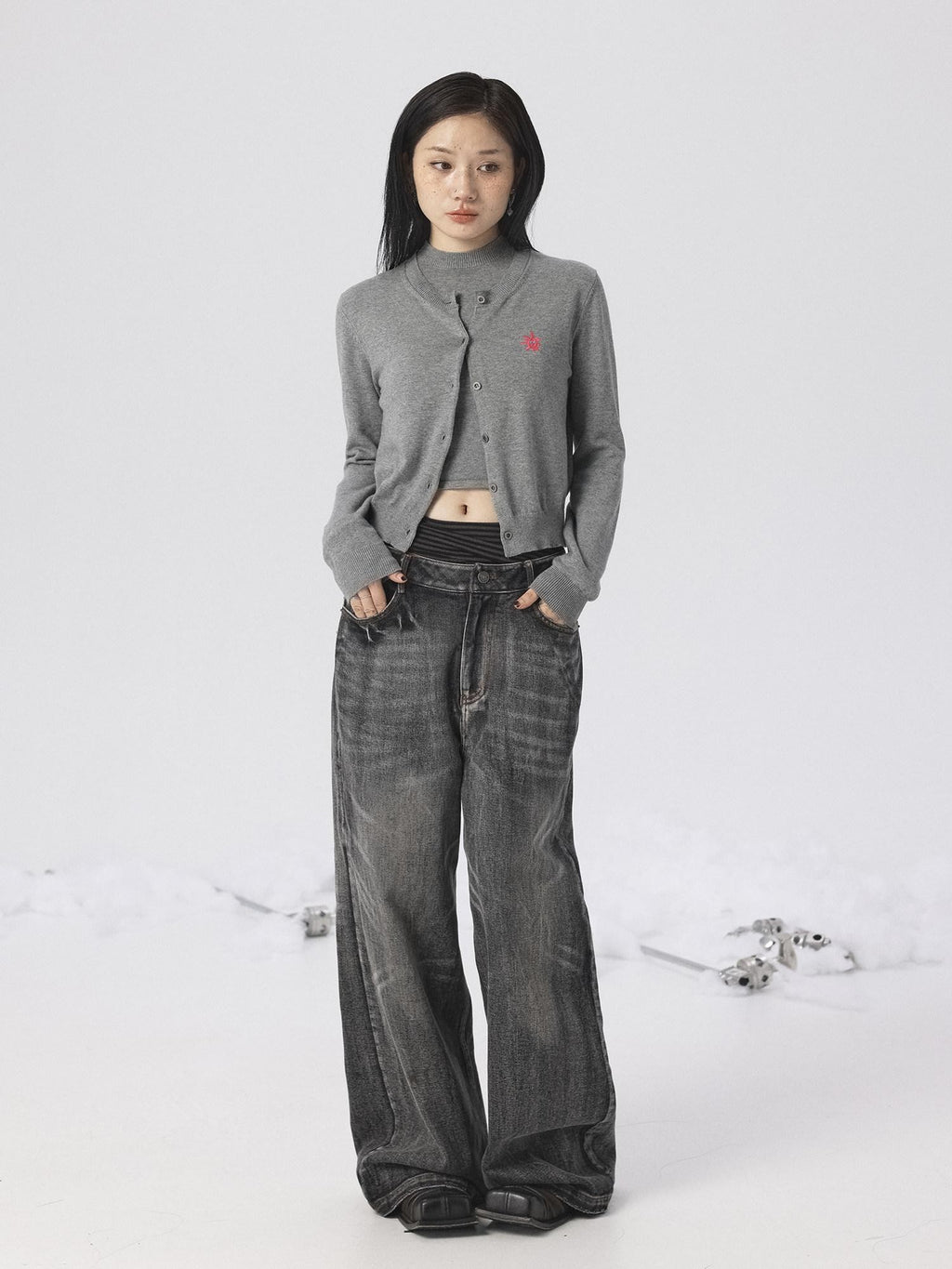 Achihara Heather Gray Long Sleeve Open Front Women'S Brushed Knit Cardigans