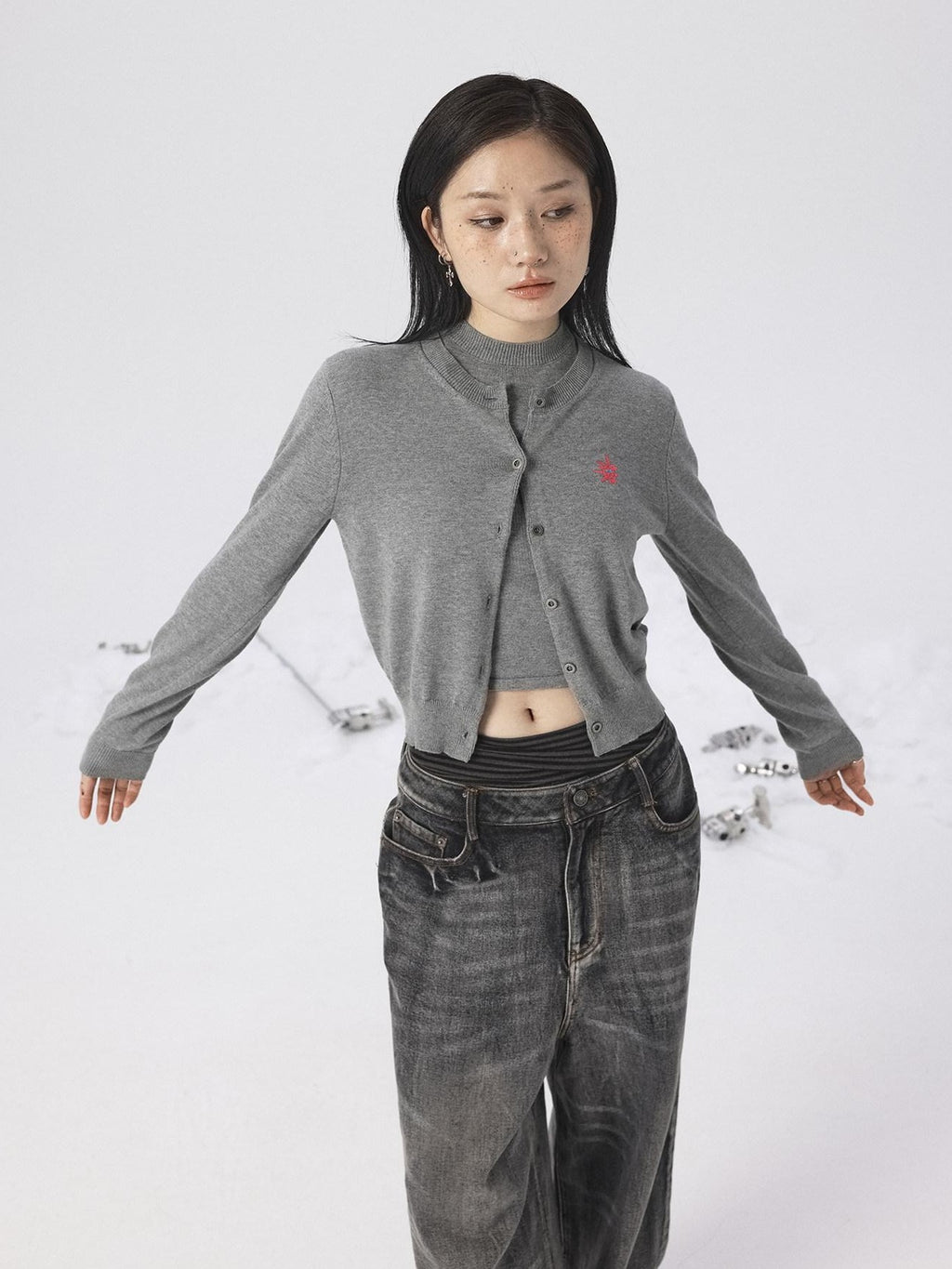 Achihara Heather Gray Long Sleeve Open Front Women'S Brushed Knit Cardigans
