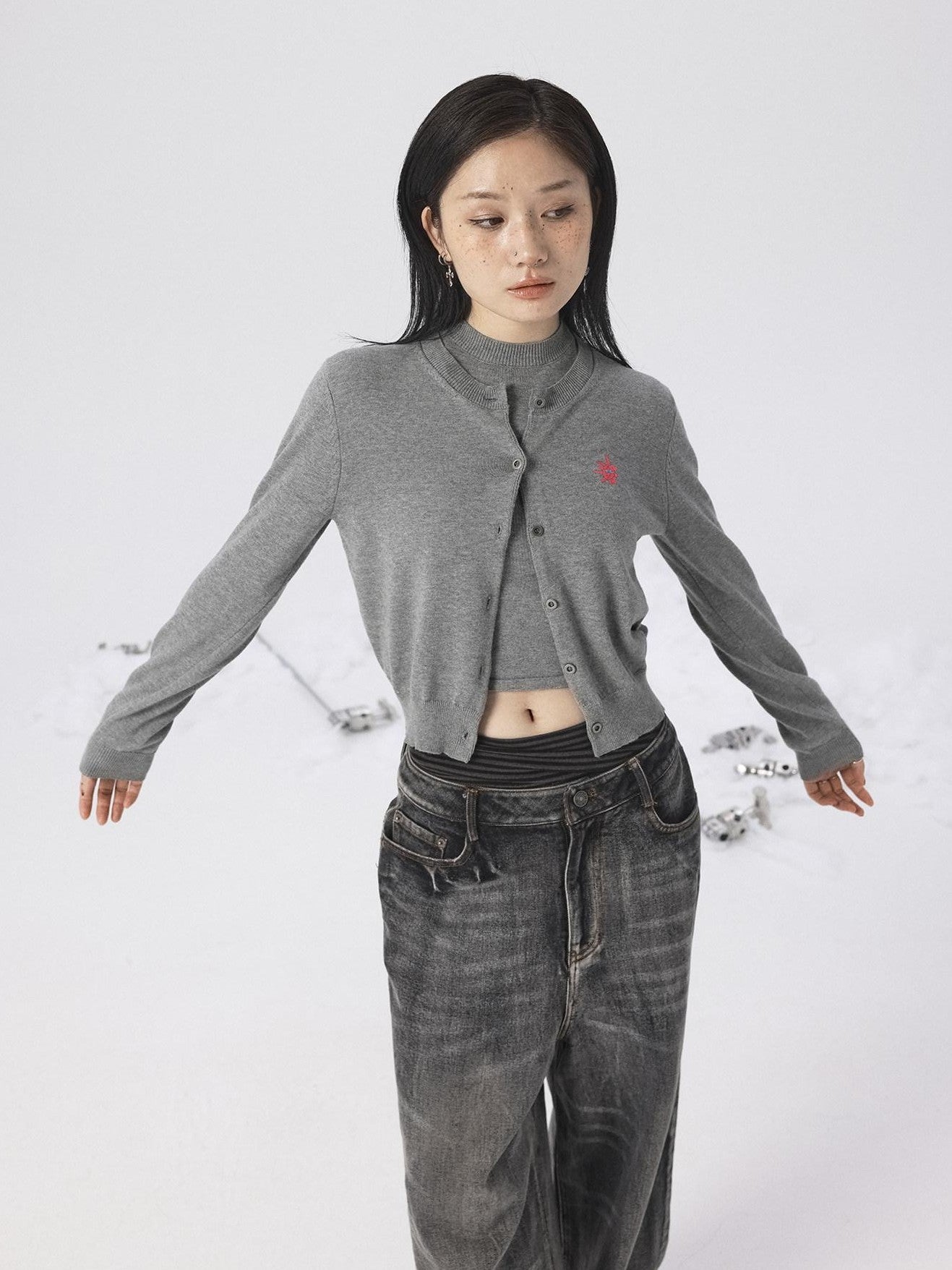 Achihara Heather Gray Long Sleeve Open Front Women'S Brushed Knit Cardigans