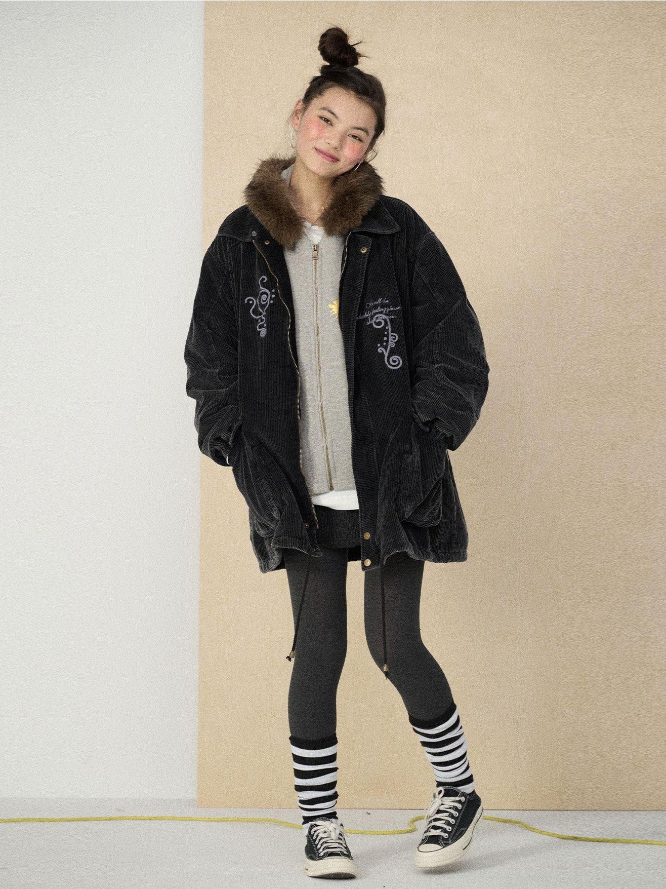 Achihara Hooded Single Breasted Loose Fit Mid Length Solid Women'S Corduroy Parkas