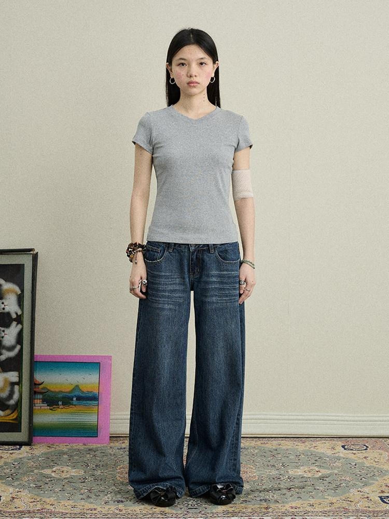 Achihara Jelly V-neck Cross Print Women'S Cotton Spandex Blend Short Sleeve T-Shirts