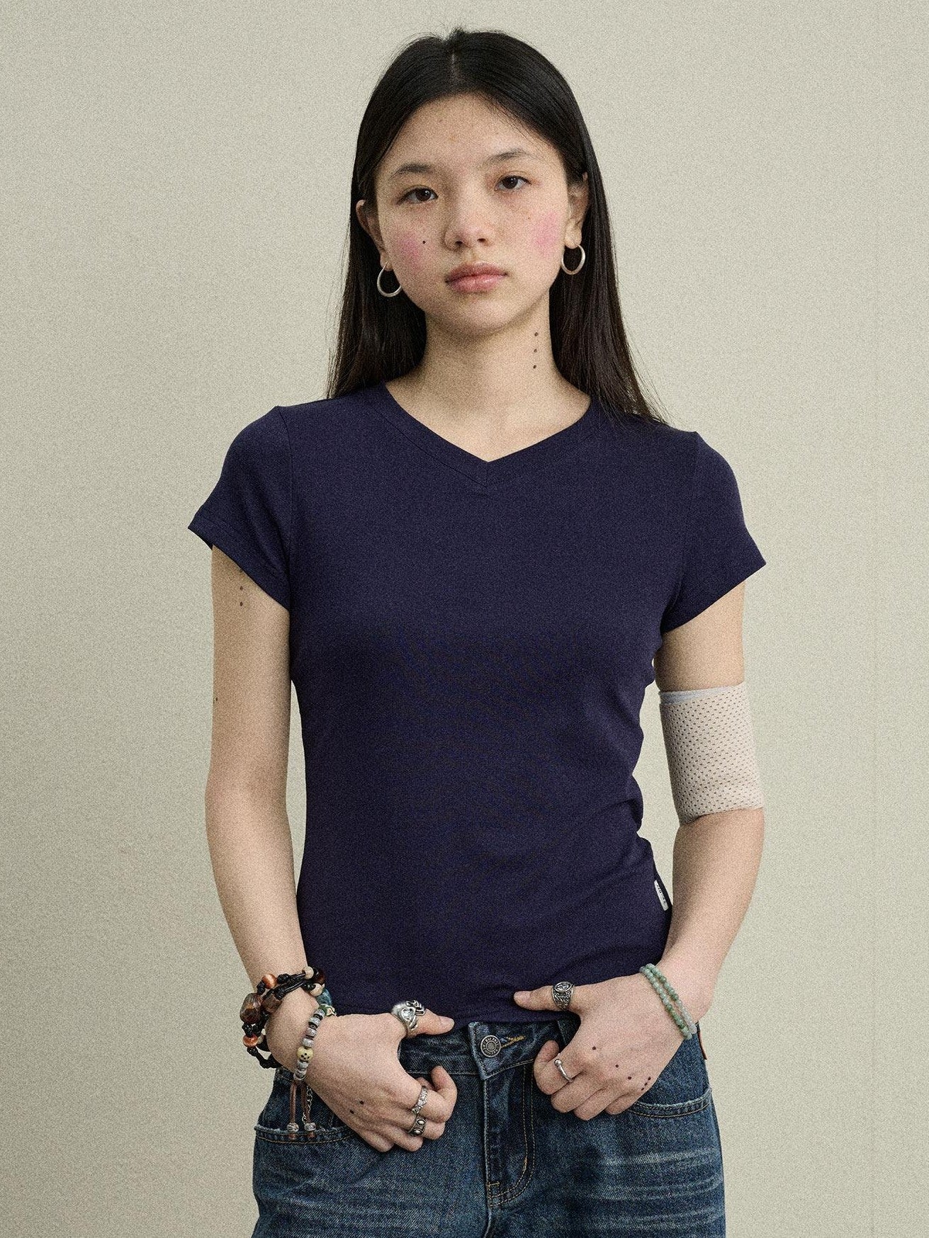 Achihara Jelly V-neck Cross Print Women'S Cotton Spandex Blend Short Sleeve T-Shirts