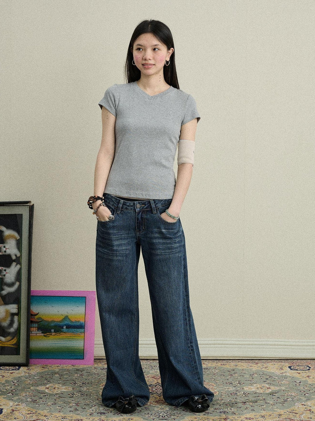 Achihara Jelly V-neck Cross Print Women'S Cotton Spandex Blend Short Sleeve T-Shirts