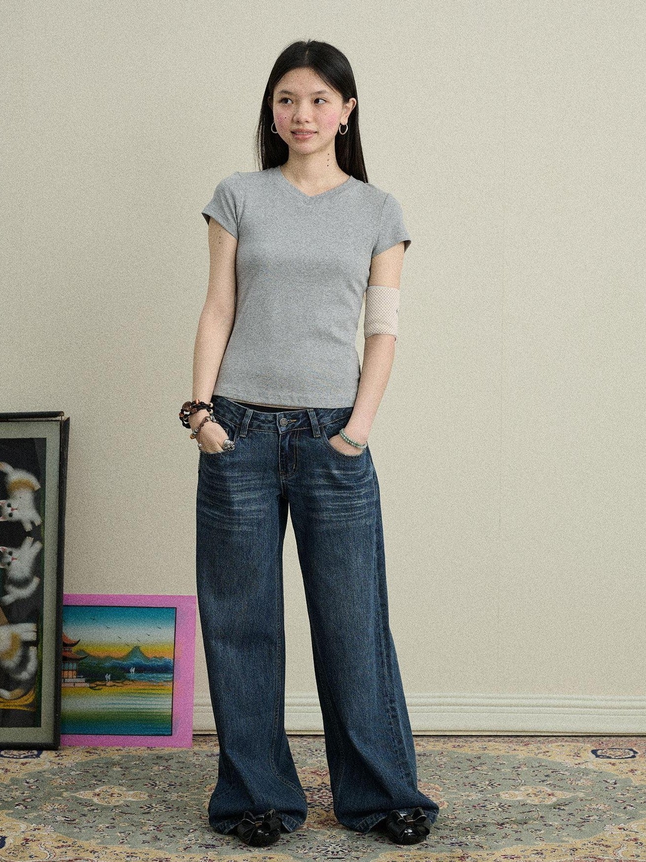 Achihara Jelly V-neck Cross Print Women'S Cotton Spandex Blend Short Sleeve T-Shirts