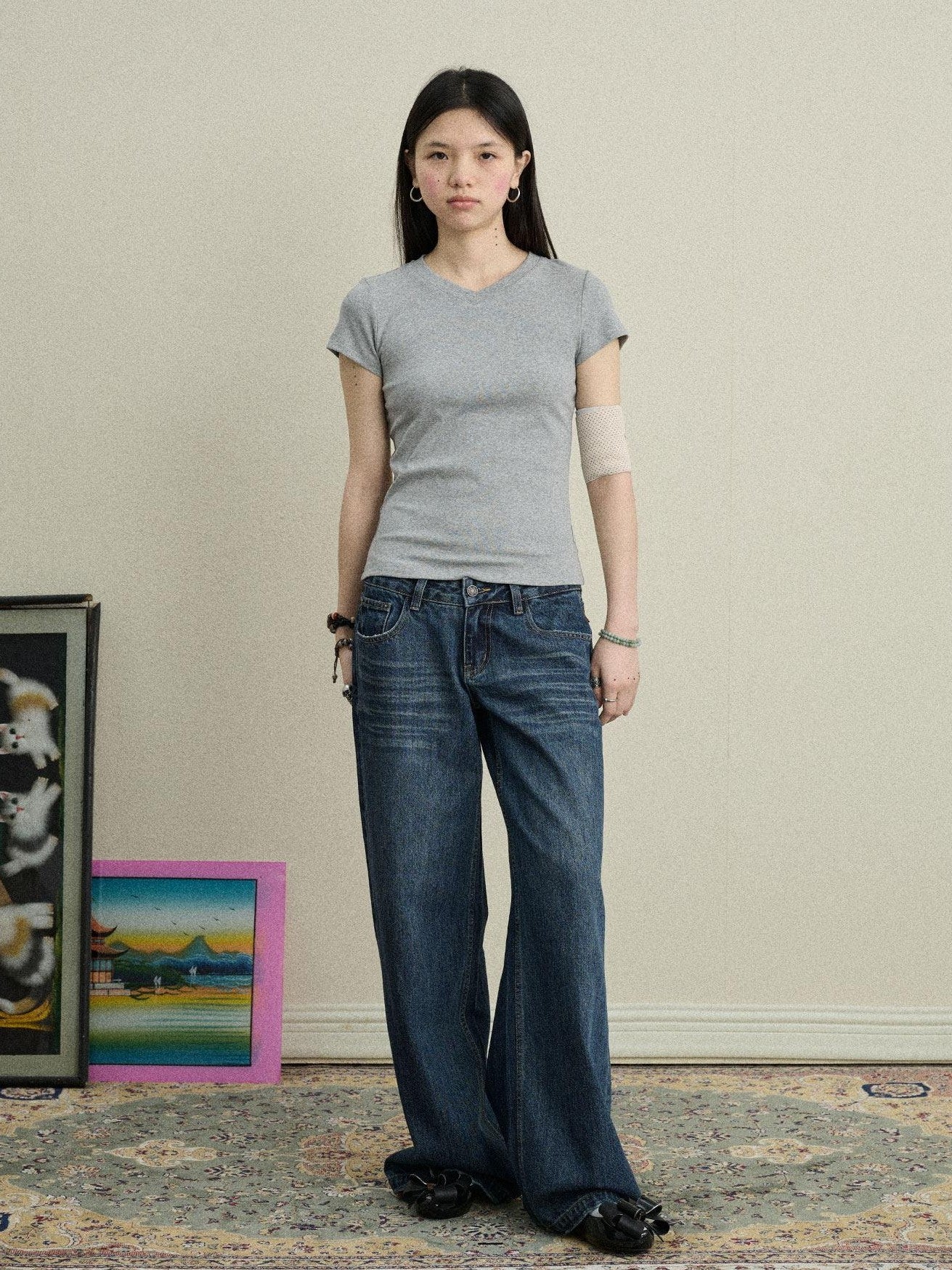 Achihara Jelly V-neck Cross Print Women'S Cotton Spandex Blend Short Sleeve T-Shirts