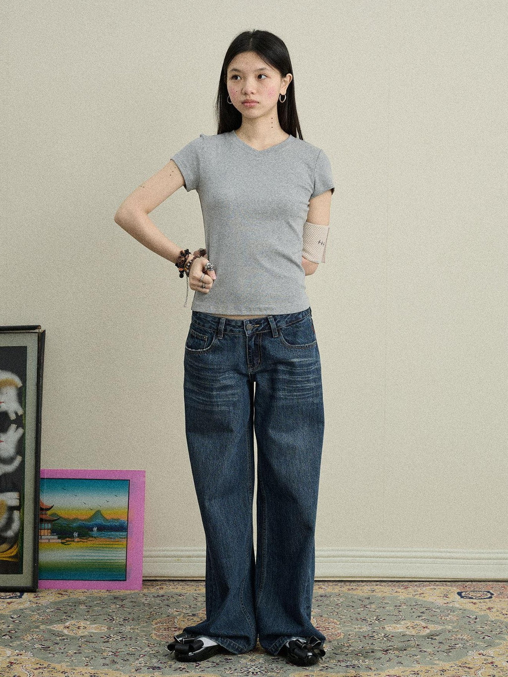 Achihara Jelly V-neck Cross Print Women'S Cotton Spandex Blend Short Sleeve T-Shirts