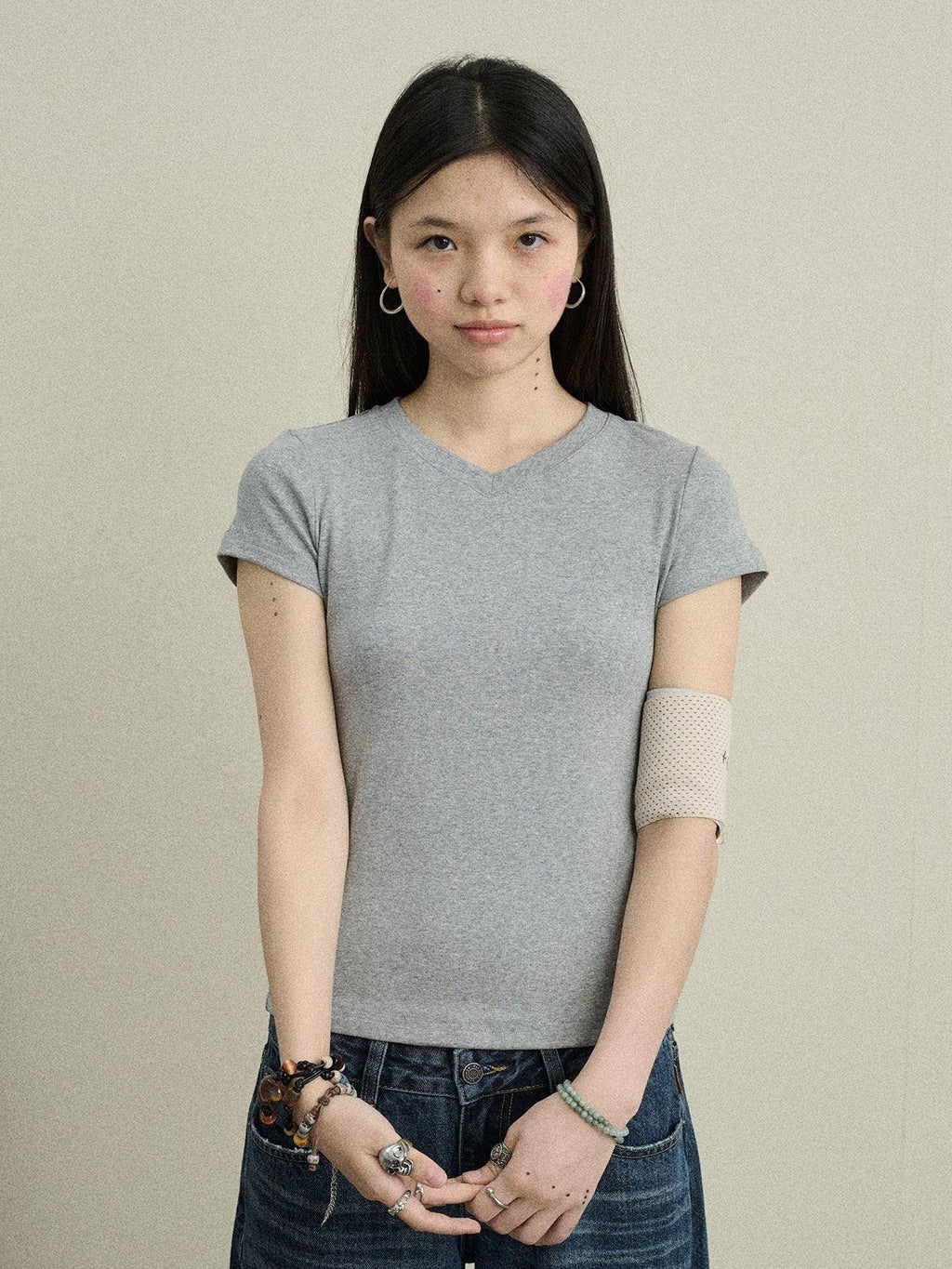 Achihara Jelly V-neck Cross Print Women'S Cotton Spandex Blend Short Sleeve T-Shirts