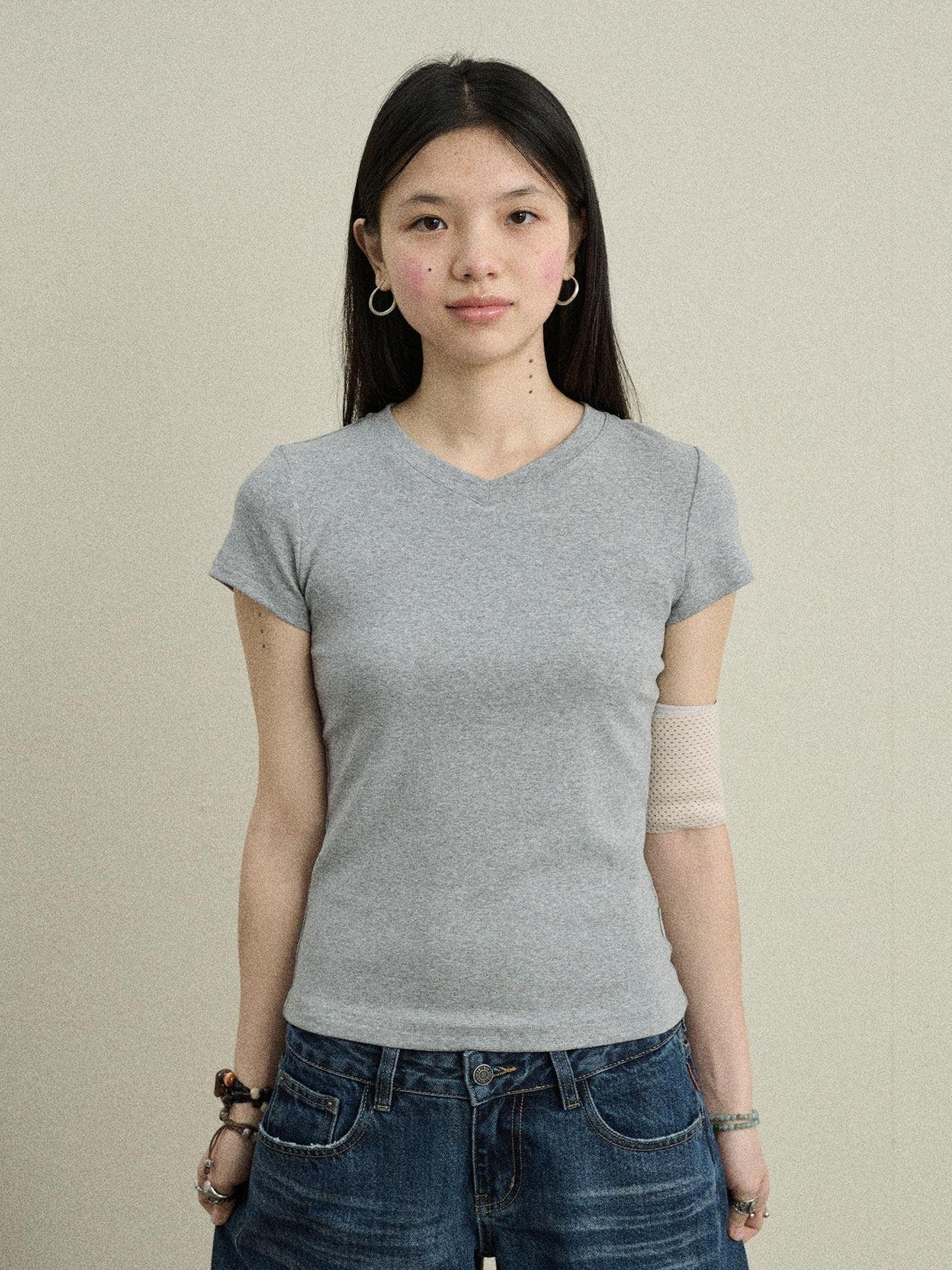 Achihara Jelly V-neck Cross Print Women'S Cotton Spandex Blend Short Sleeve T-Shirts