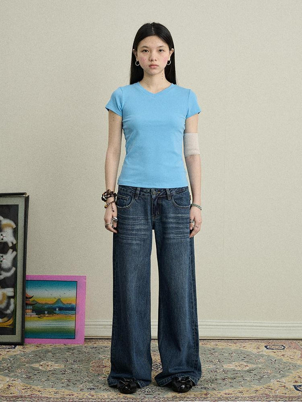 Achihara Jelly V-neck Cross Print Women'S Cotton Spandex Blend Short Sleeve T-Shirts