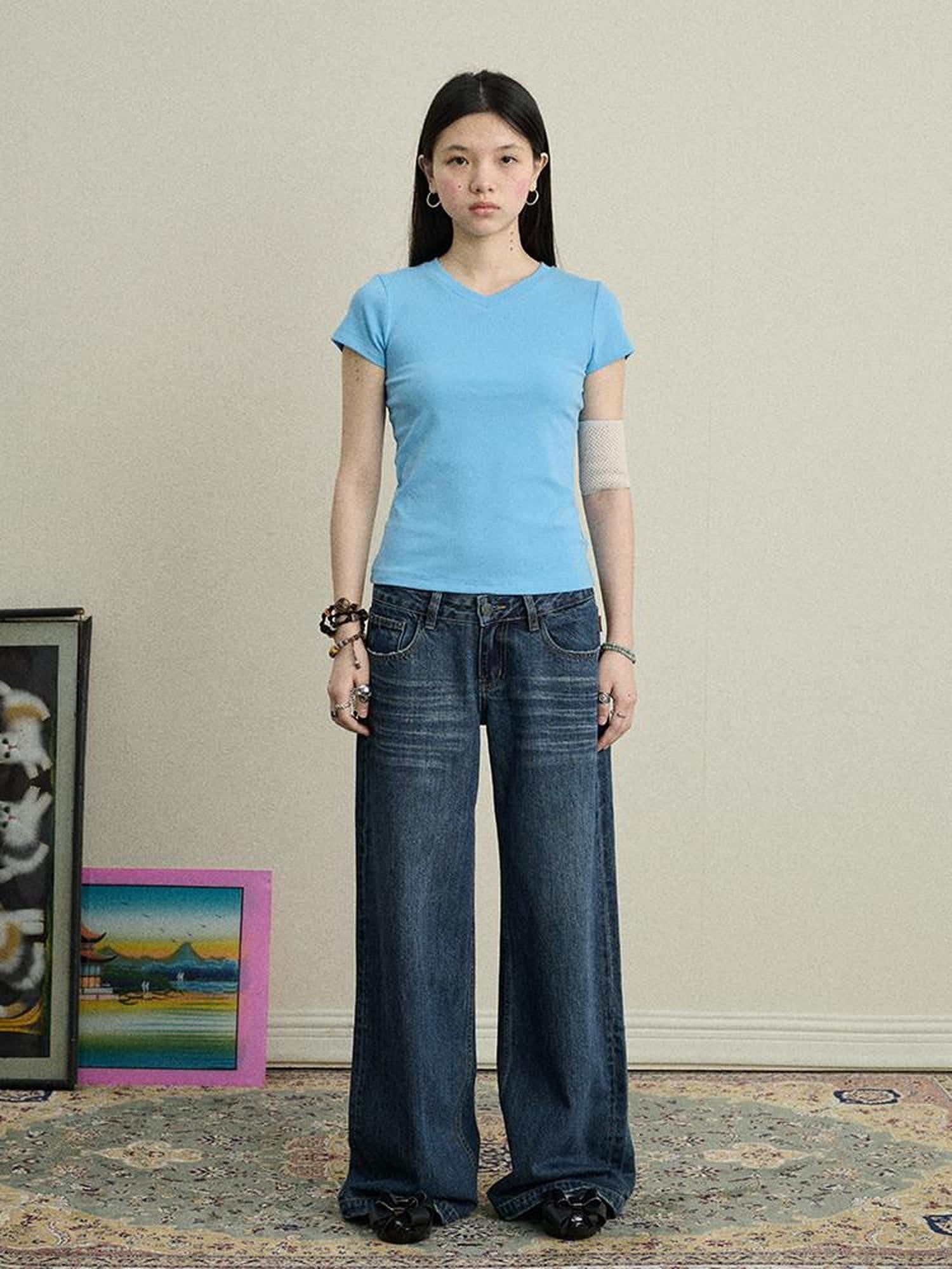 Achihara Jelly V-neck Cross Print Women'S Cotton Spandex Blend Short Sleeve T-Shirts