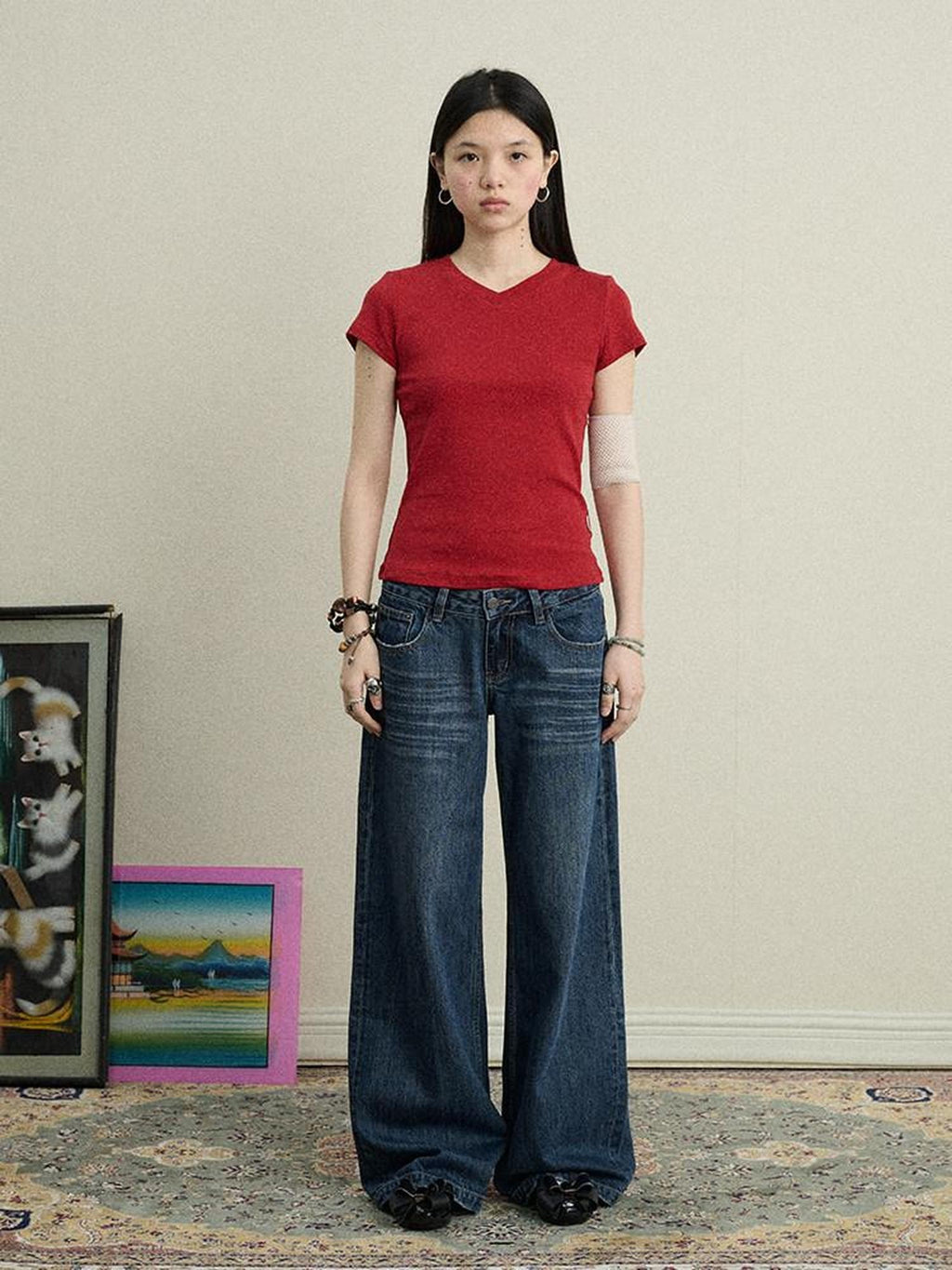 Achihara Jelly V-neck Cross Print Women'S Cotton Spandex Blend Short Sleeve T-Shirts