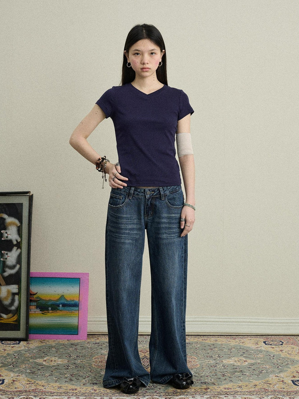 Achihara Jelly V-neck Cross Print Women'S Cotton Spandex Blend Short Sleeve T-Shirts