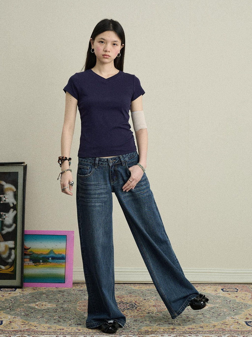 Achihara Jelly V-neck Cross Print Women'S Cotton Spandex Blend Short Sleeve T-Shirts