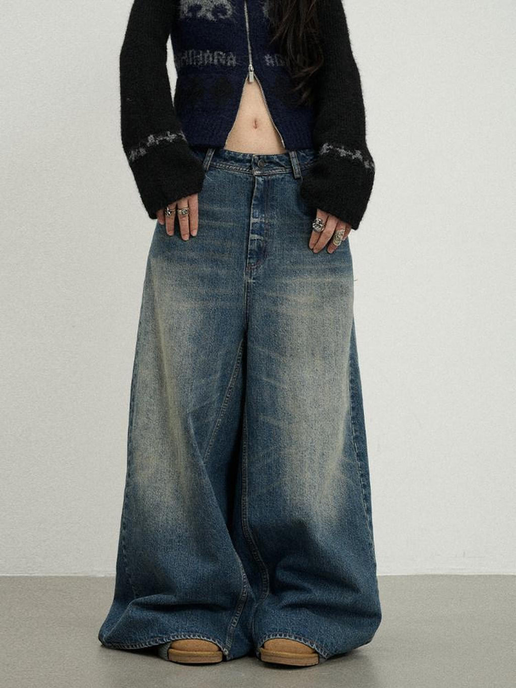 Achihara Kangaroo Pocket Washed Distressed Loose Floor Length Women'S Denim Skorts