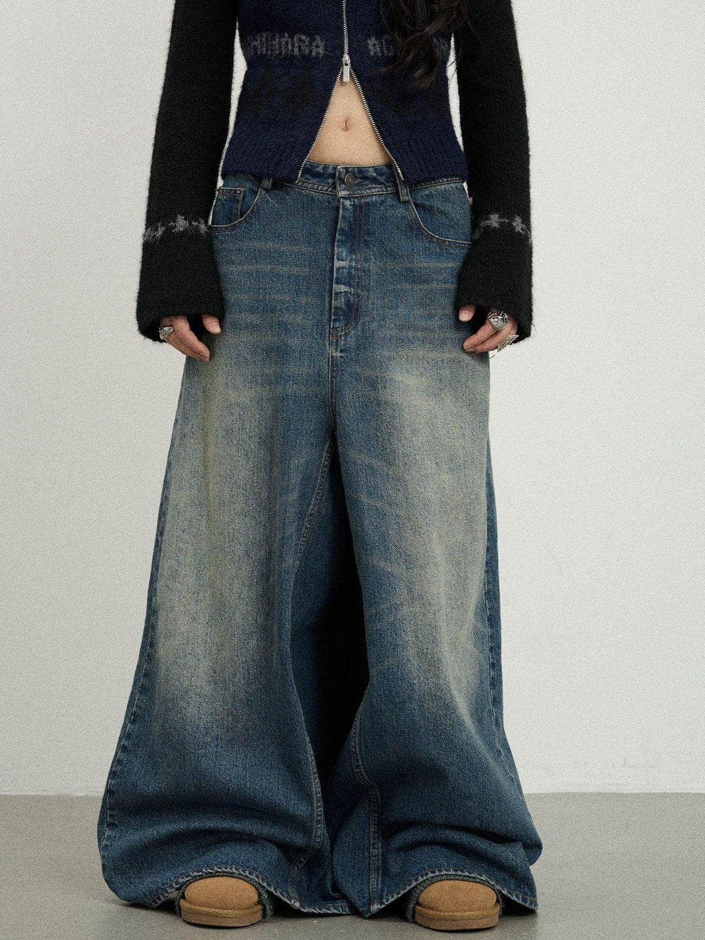 Achihara Kangaroo Pocket Washed Distressed Loose Floor Length Women'S Denim Skorts