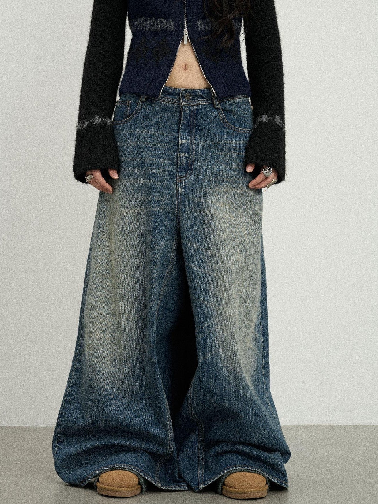 Achihara Kangaroo Pocket Washed Distressed Loose Floor Length Women'S Denim Skorts