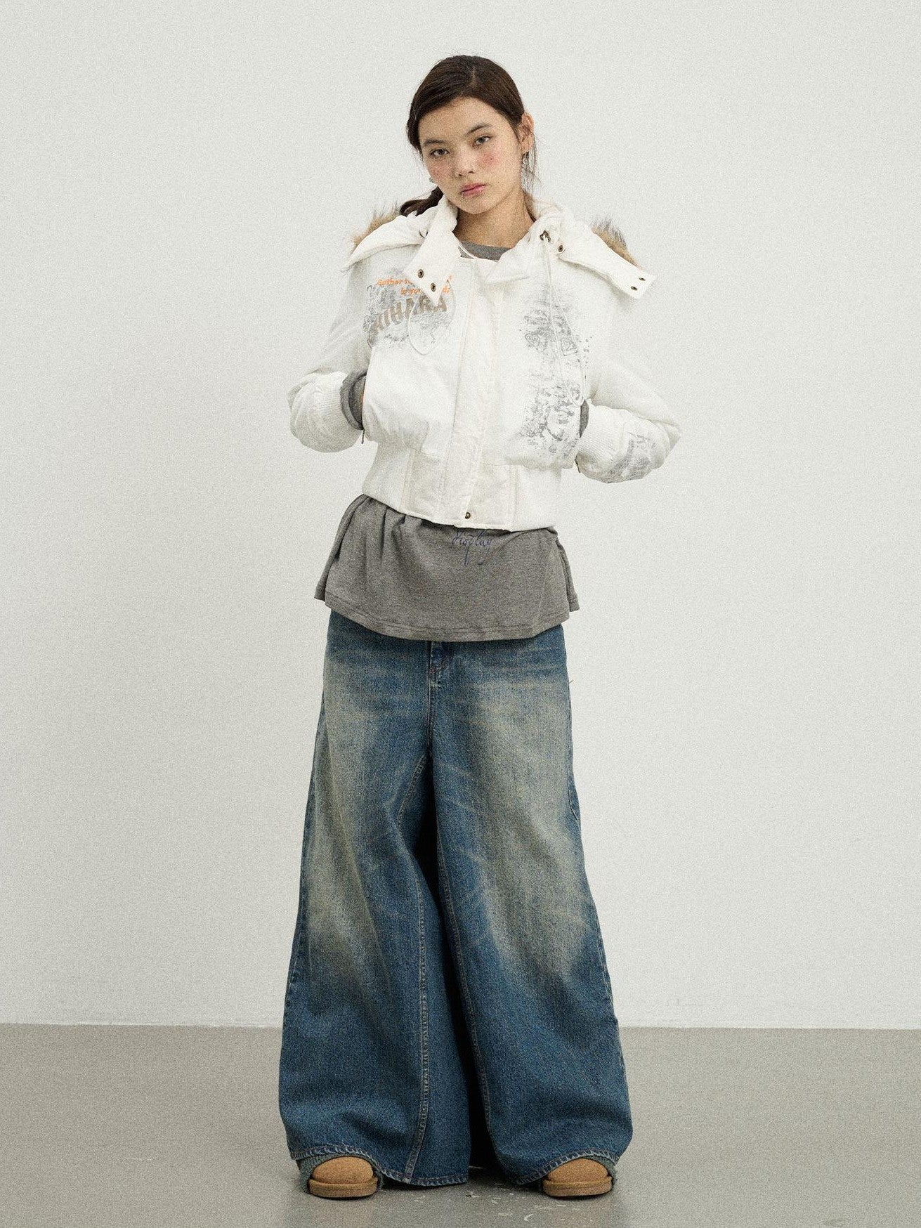 Achihara Kangaroo Pocket Washed Distressed Loose Floor Length Women'S Denim Skorts