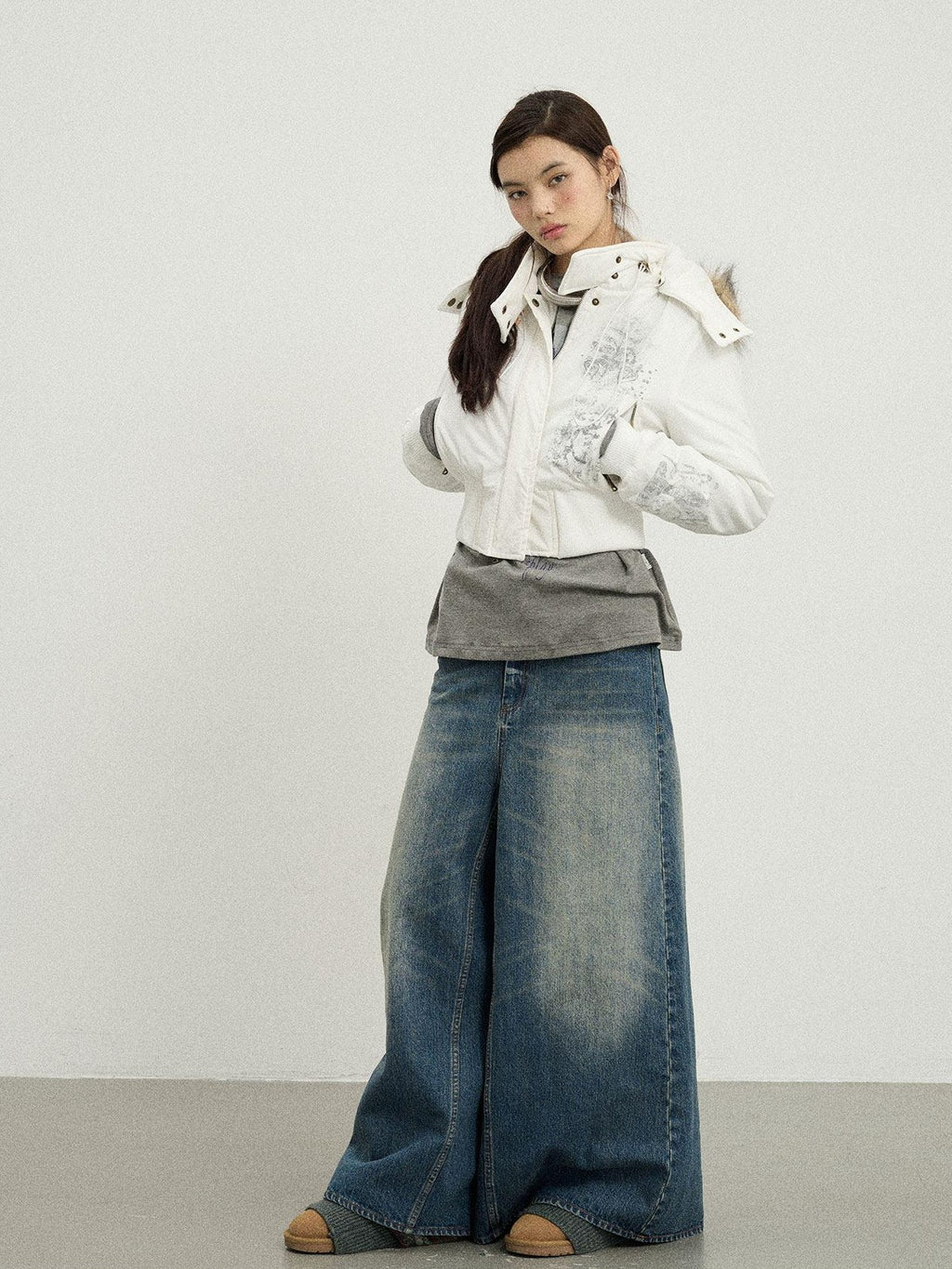 Achihara Kangaroo Pocket Washed Distressed Loose Floor Length Women'S Denim Skorts