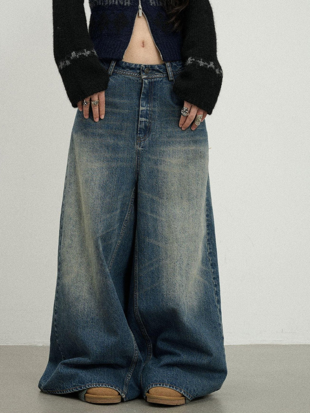 Achihara Kangaroo Pocket Washed Distressed Loose Floor Length Women'S Denim Skorts