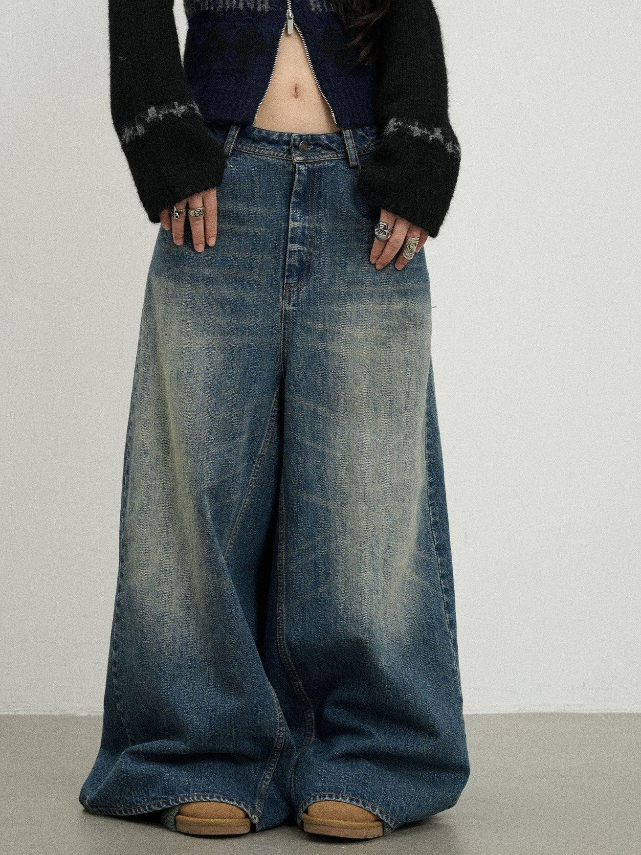 Achihara Kangaroo Pocket Washed Distressed Loose Floor Length Women'S Denim Skorts