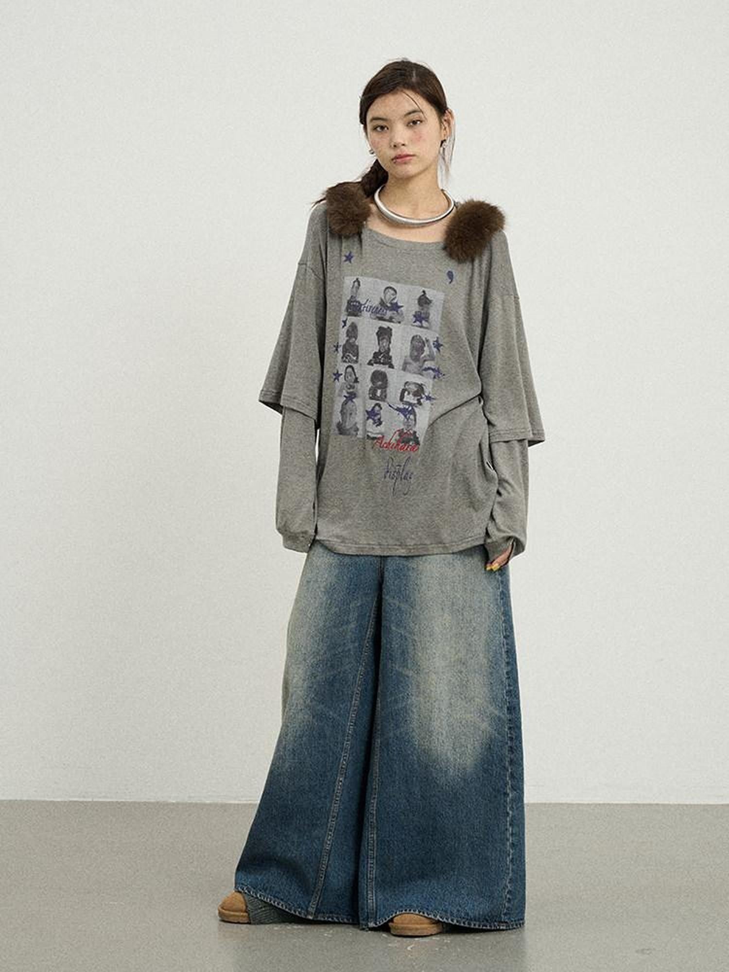 Achihara Kangaroo Pocket Washed Distressed Loose Floor Length Women'S Denim Skorts