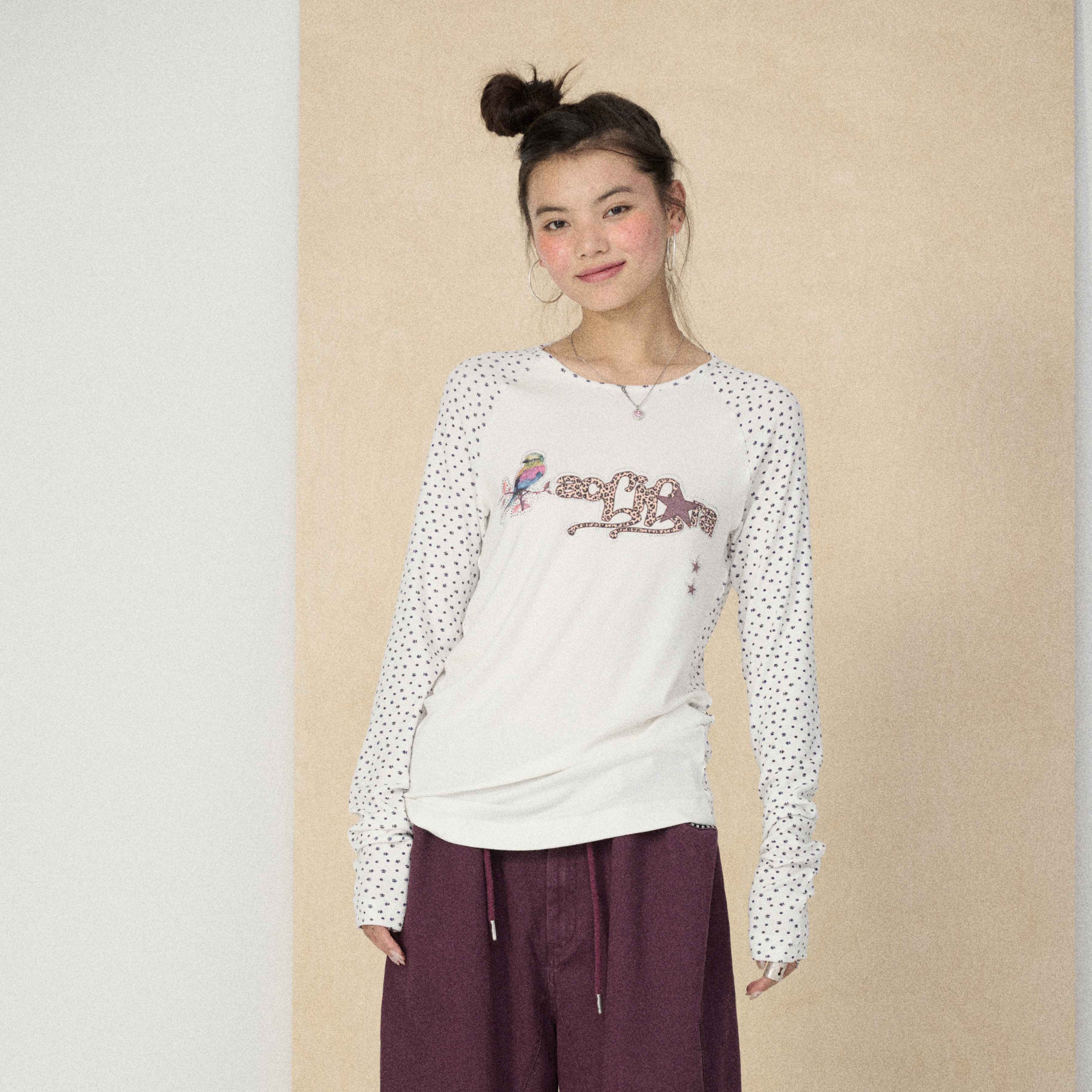 Achihara_Khaki_Floral_Crewneck_Straight_Fit_Women'S_Viscose_Blend_Long_Sleeve_T-Shirts_MISSTT