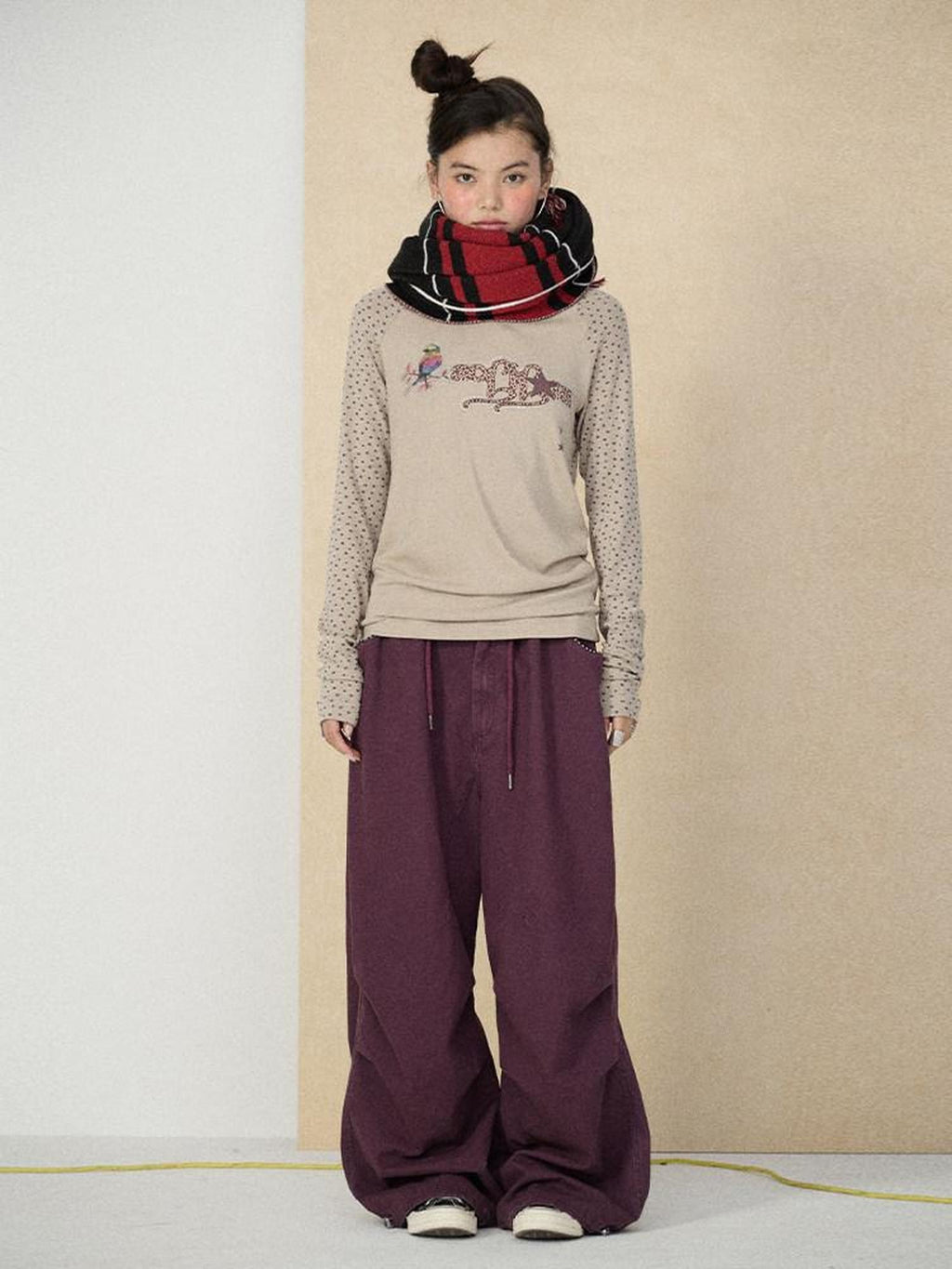 Achihara Khaki Floral Crewneck Straight Fit Women'S Viscose Blend Long Sleeve T-Shirts