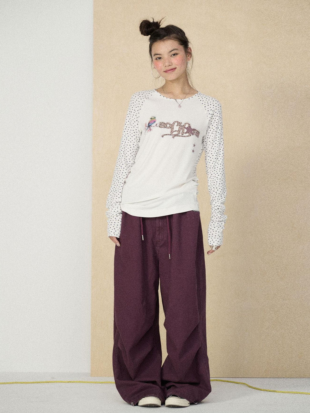 Achihara Khaki Floral Crewneck Straight Fit Women'S Viscose Blend Long Sleeve T-Shirts
