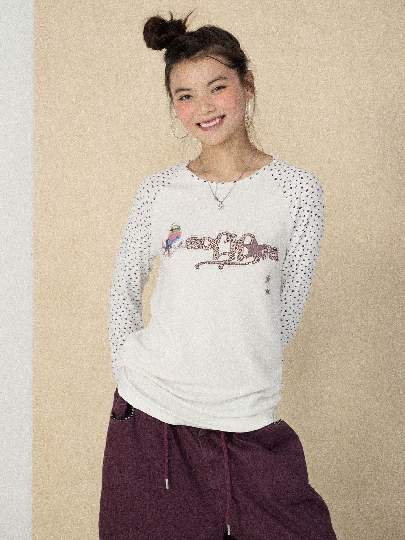 Achihara Khaki Floral Crewneck Straight Fit Women'S Viscose Blend Long Sleeve T-Shirts