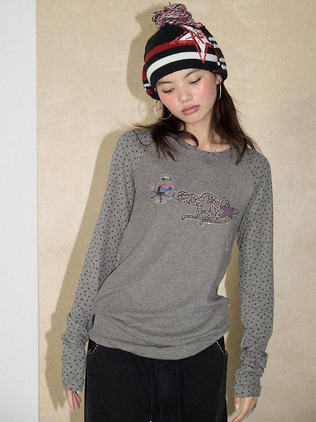 Achihara Khaki Floral Crewneck Straight Fit Women'S Viscose Blend Long Sleeve T-Shirts