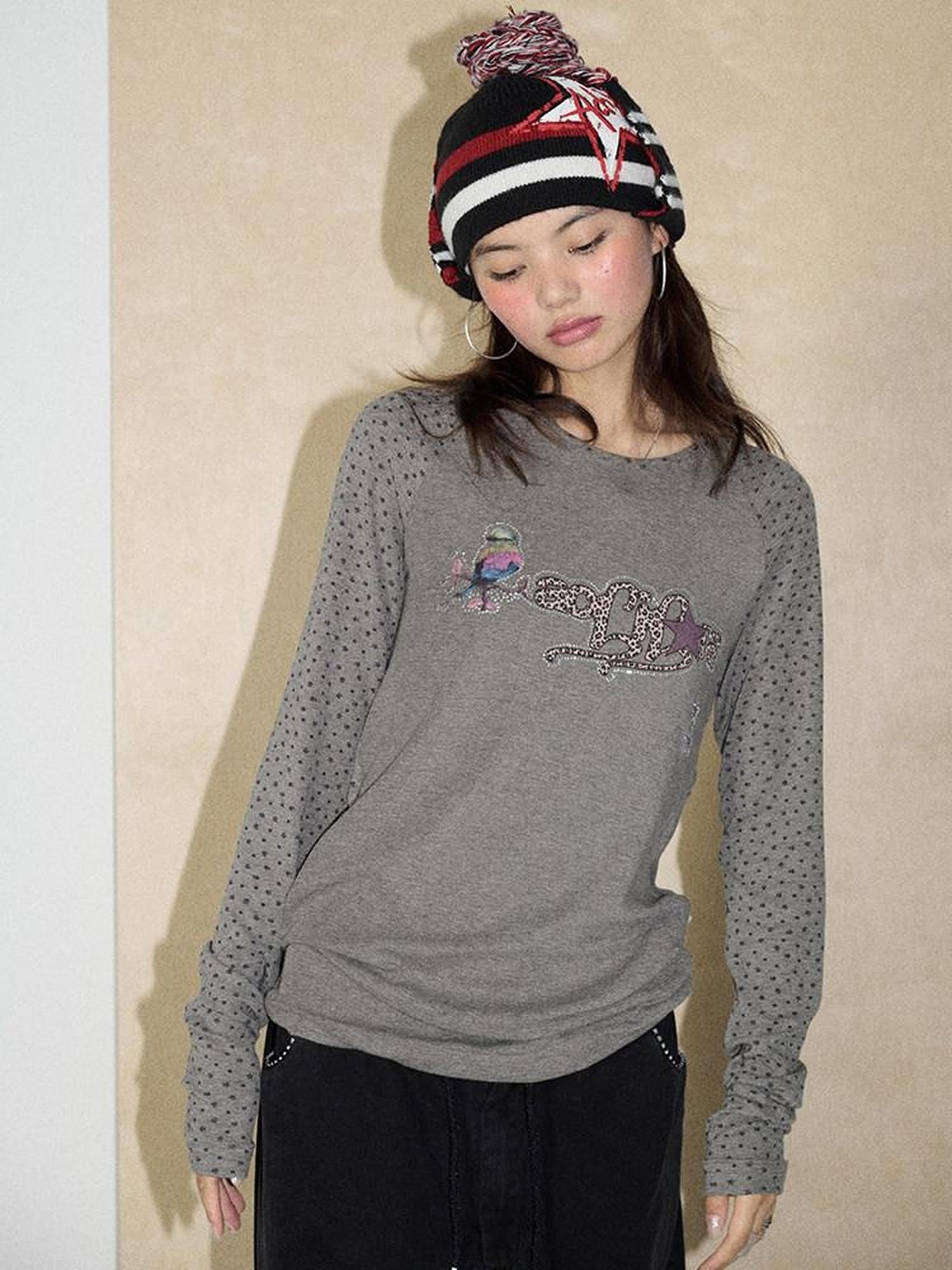 Achihara Khaki Floral Crewneck Straight Fit Women'S Viscose Blend Long Sleeve T-Shirts