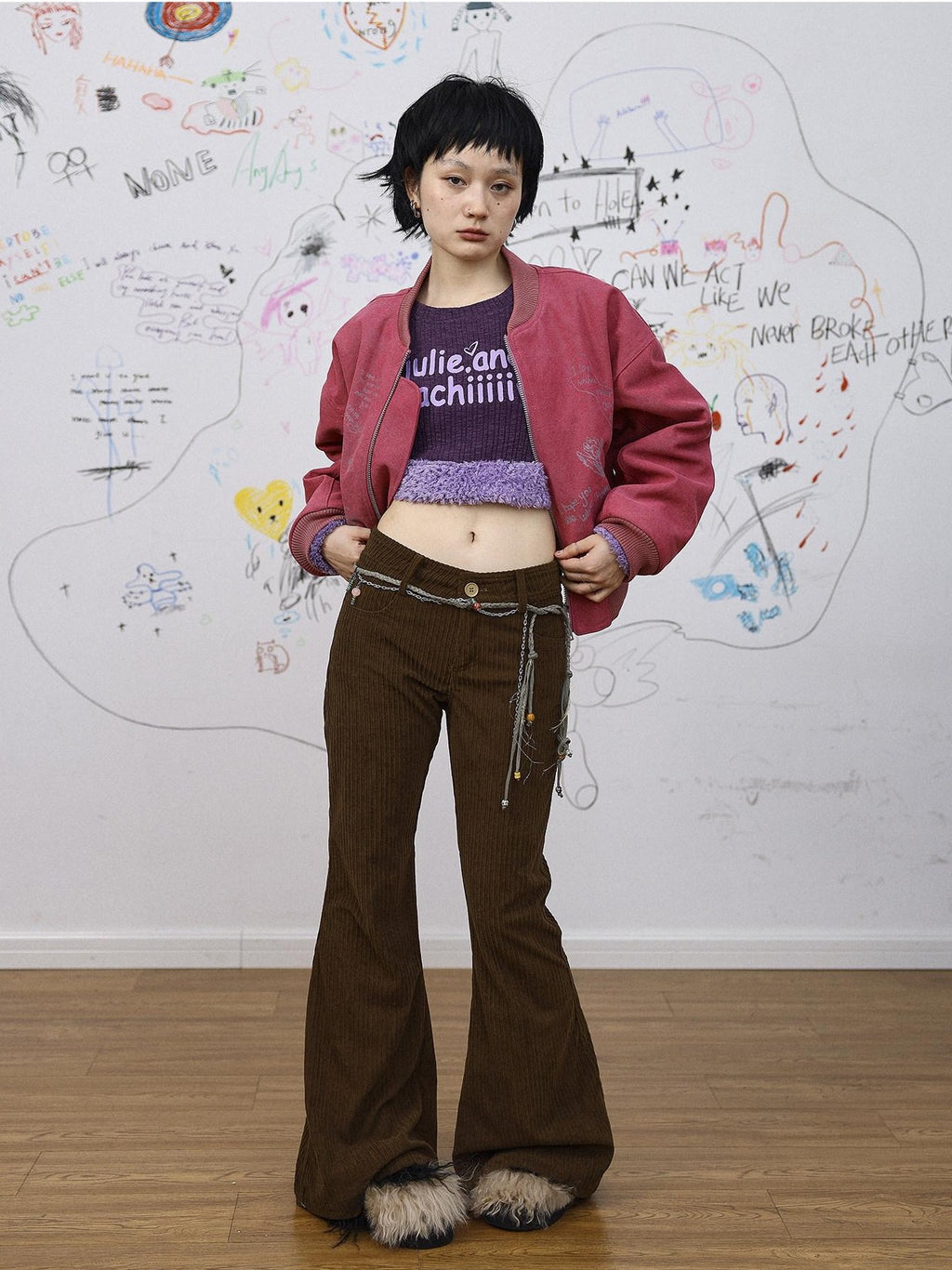 Achihara Khaki Low Waist Micro Flare Women'S Corduroy Straight-Leg Pants
