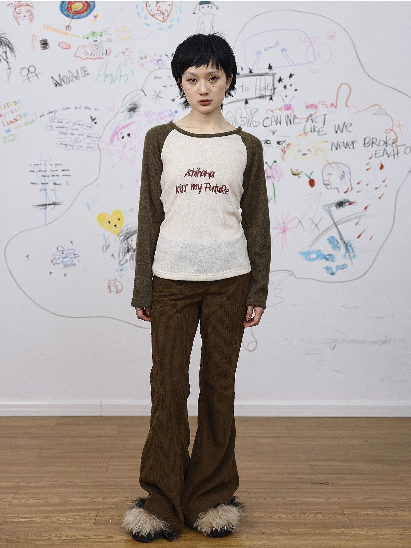 Achihara Khaki Low Waist Micro Flare Women'S Corduroy Straight-Leg Pants