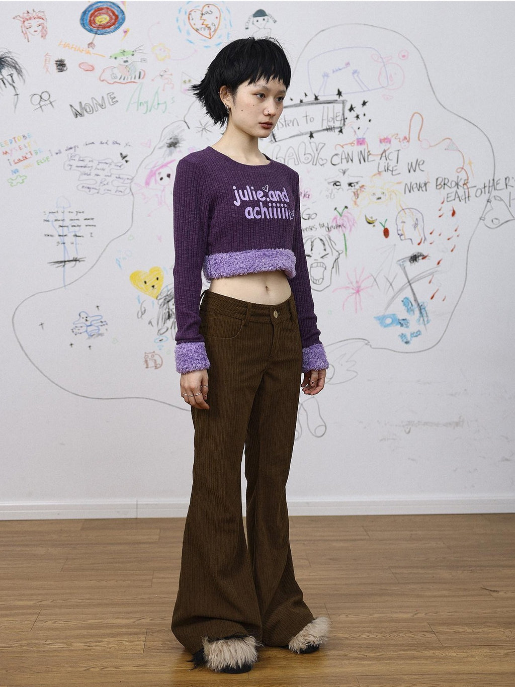 Achihara Khaki Low Waist Micro Flare Women'S Corduroy Straight-Leg Pants