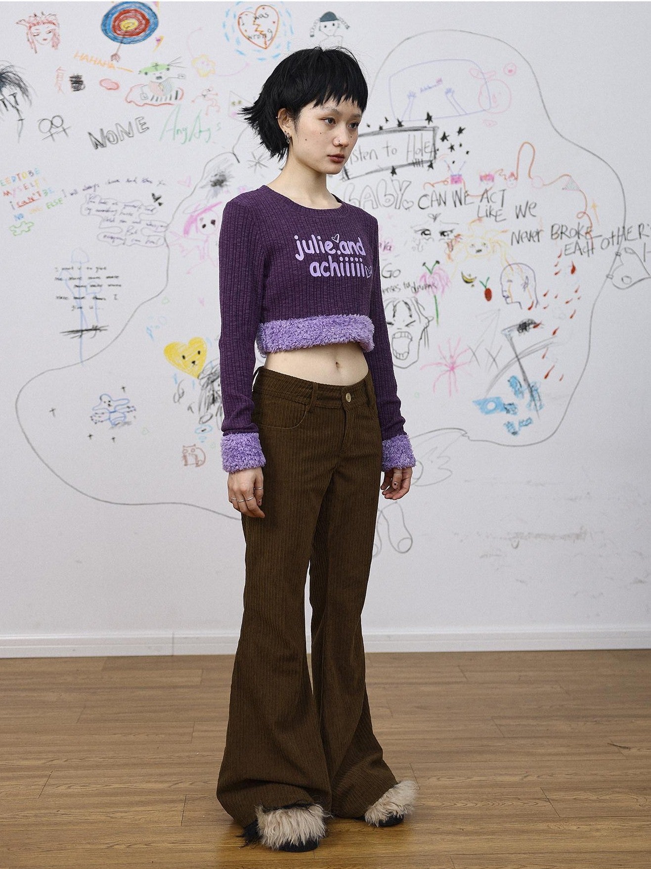 Achihara Khaki Low Waist Micro Flare Women'S Corduroy Straight-Leg Pants