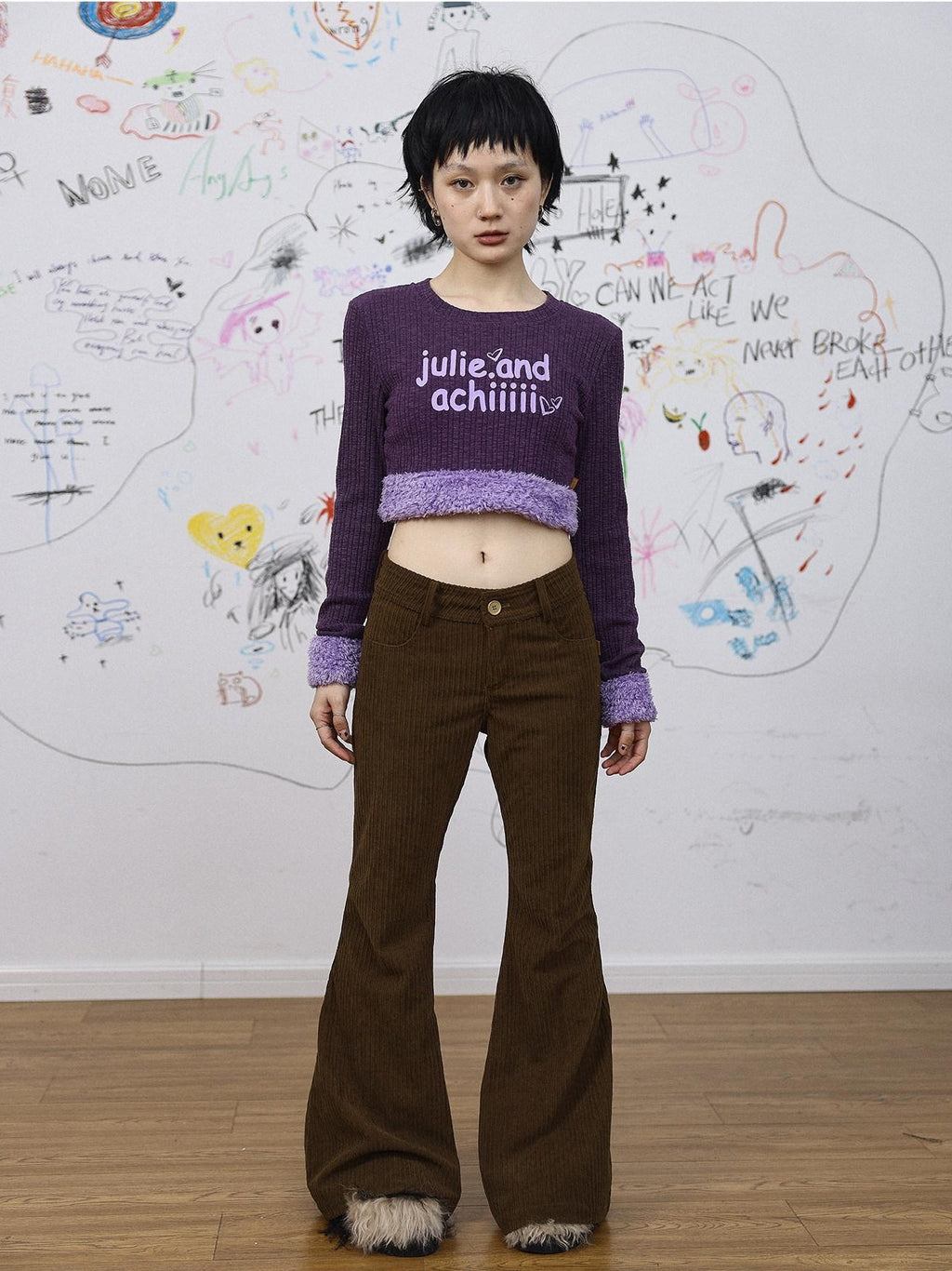 Achihara Khaki Low Waist Micro Flare Women'S Corduroy Straight-Leg Pants