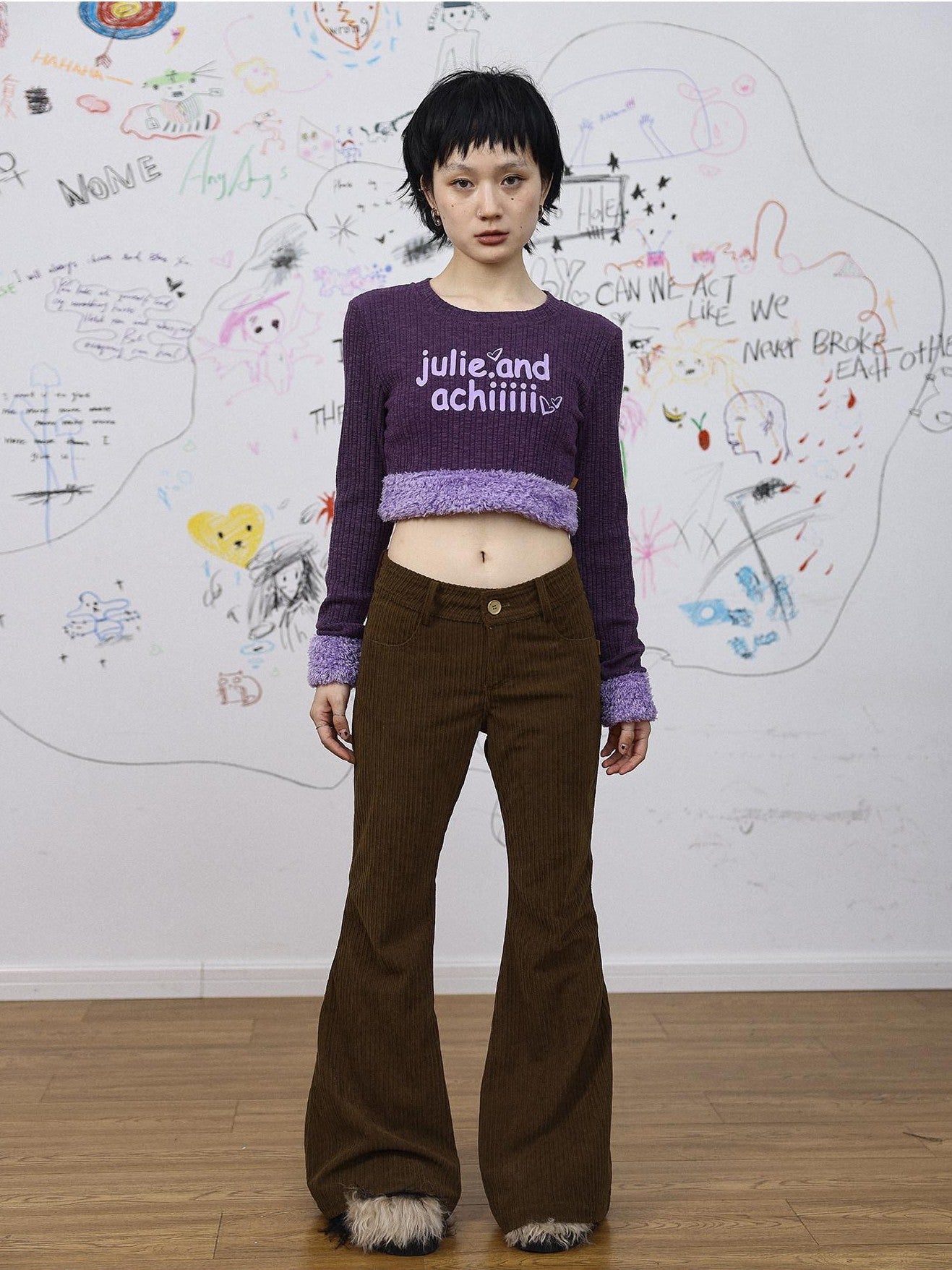 Achihara Khaki Low Waist Micro Flare Women'S Corduroy Straight-Leg Pants