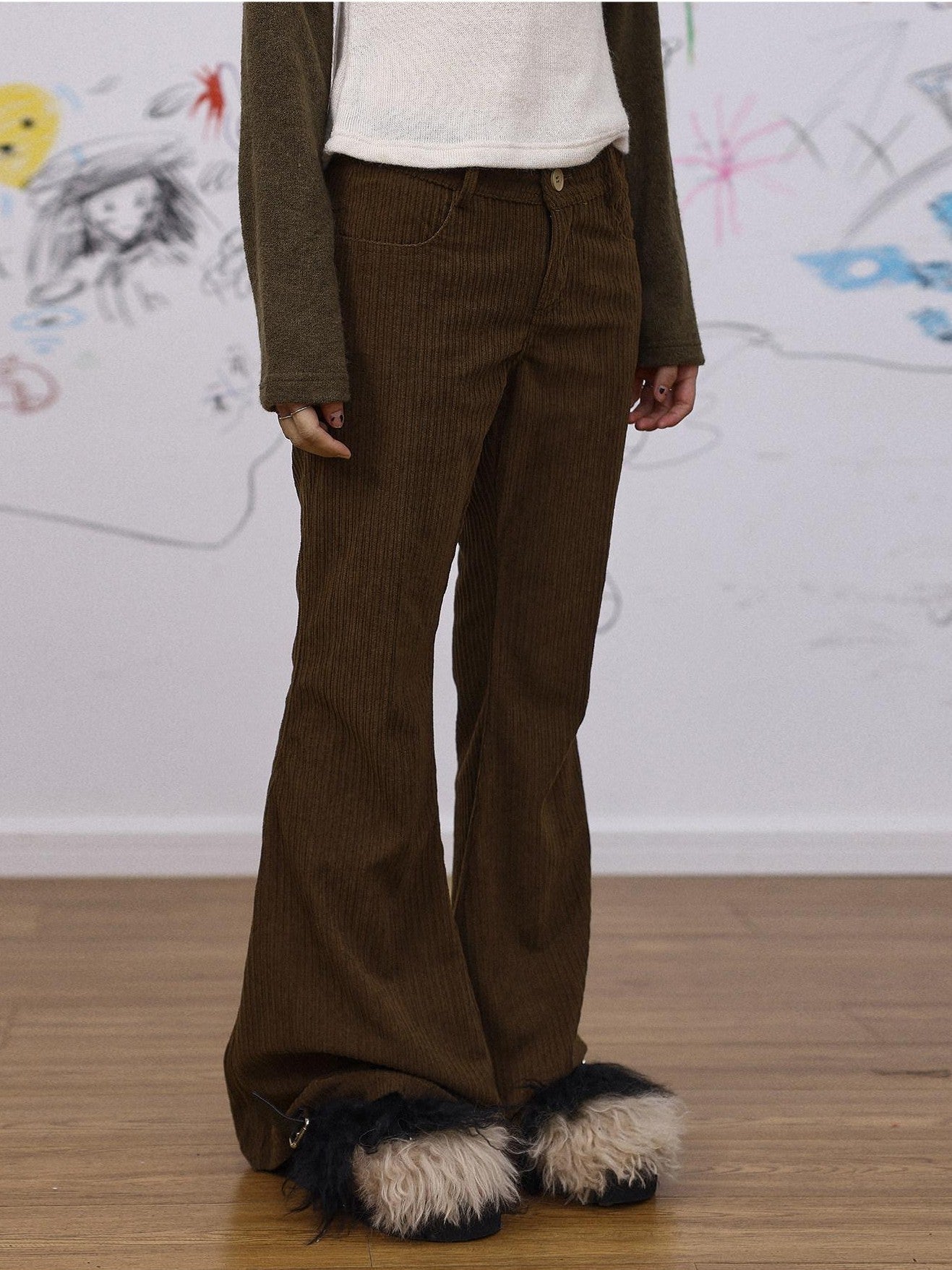 Achihara Khaki Low Waist Micro Flare Women'S Corduroy Straight-Leg Pants