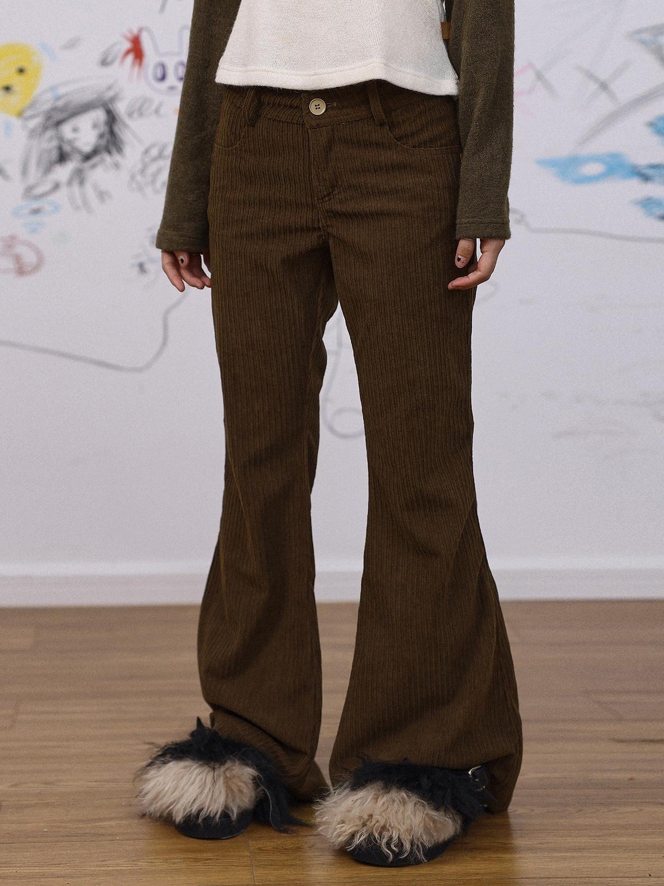 Achihara Khaki Low Waist Micro Flare Women'S Corduroy Straight-Leg Pants
