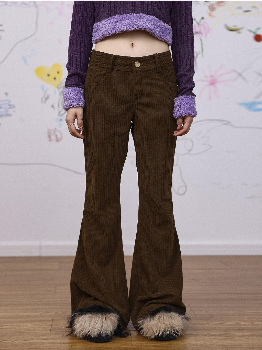 Achihara Khaki Low Waist Micro Flare Women'S Corduroy Straight-Leg Pants