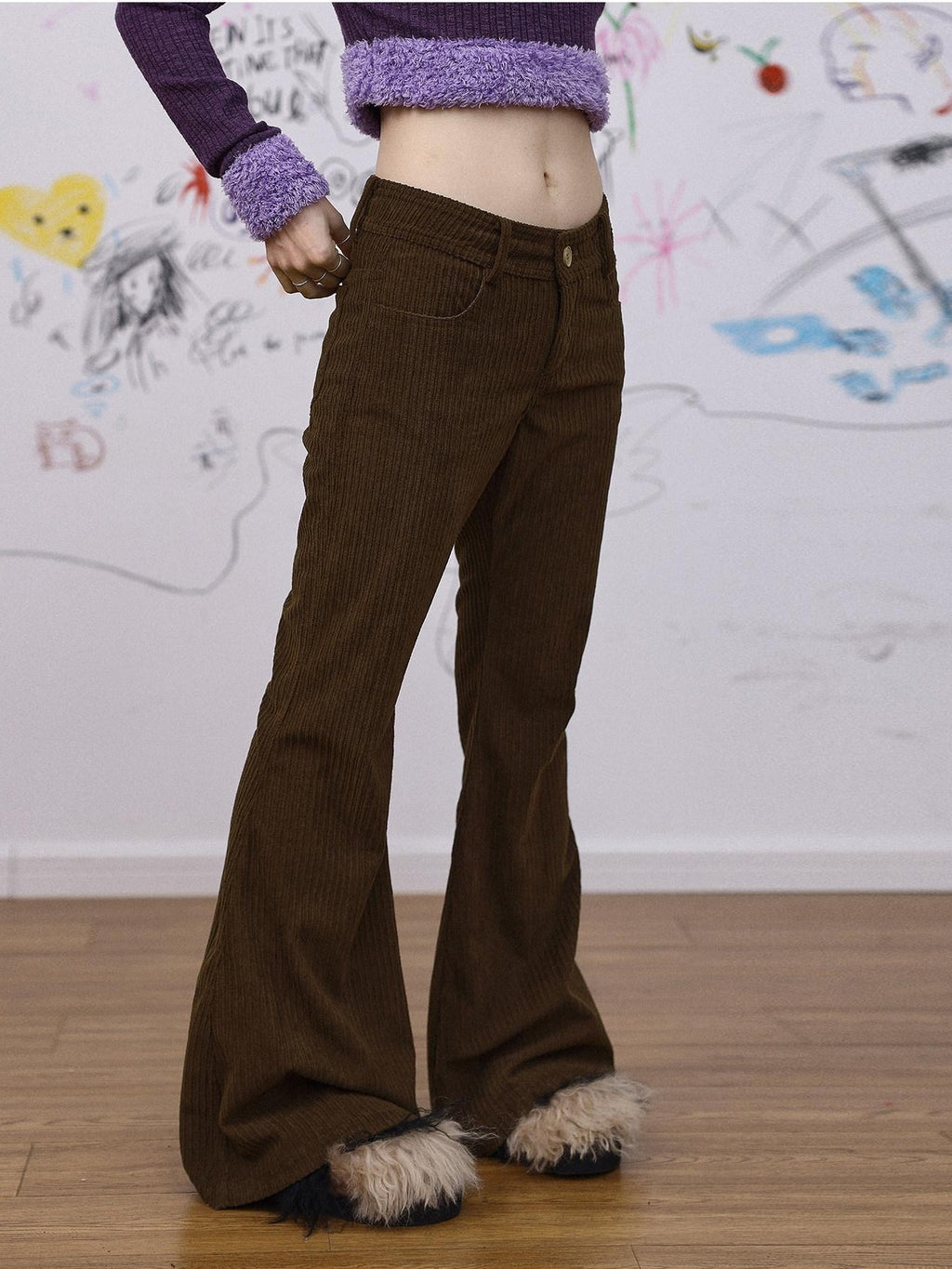 Achihara Khaki Low Waist Micro Flare Women'S Corduroy Straight-Leg Pants