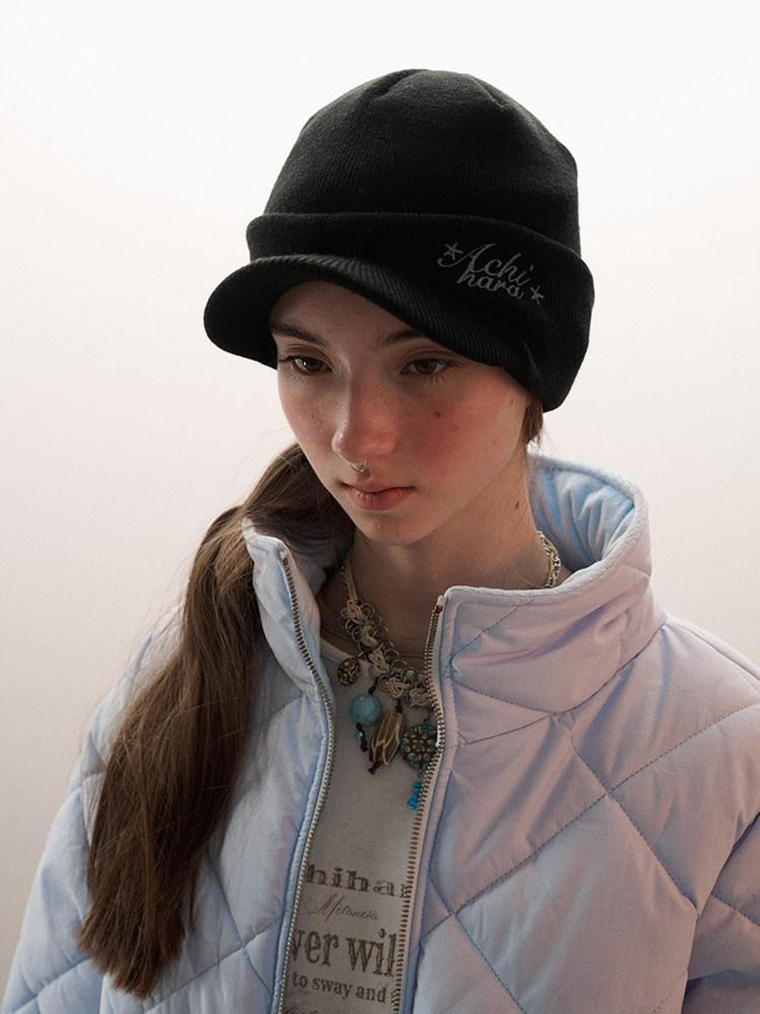 Achihara Knitted Letter Pattern Earflap Round Top Women'S Acrylic Hats