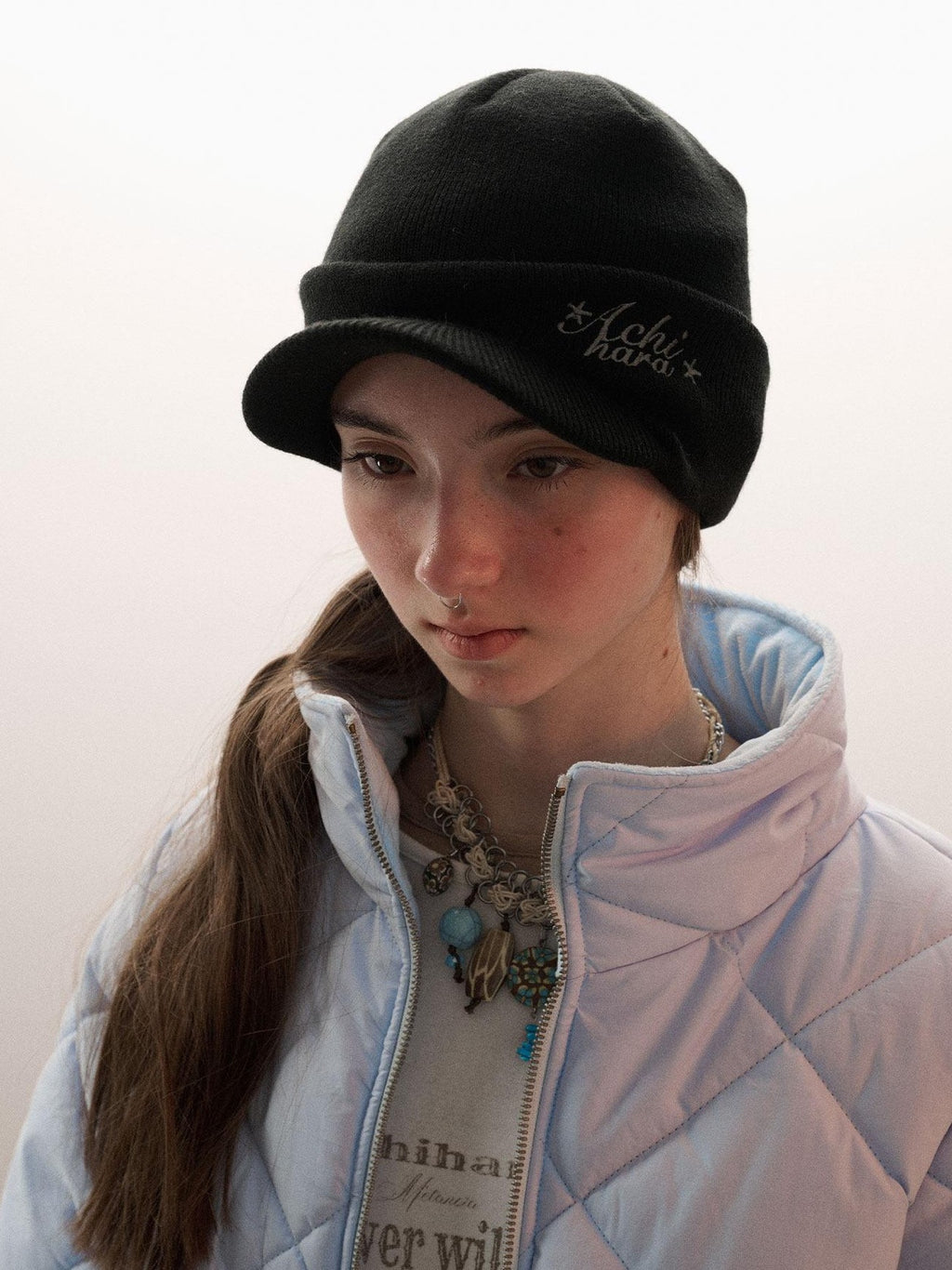 Achihara Knitted Letter Pattern Earflap Round Top Women'S Acrylic Hats