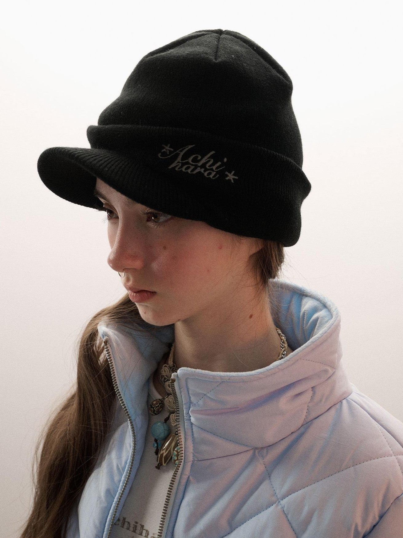Achihara Knitted Letter Pattern Earflap Round Top Women'S Acrylic Hats