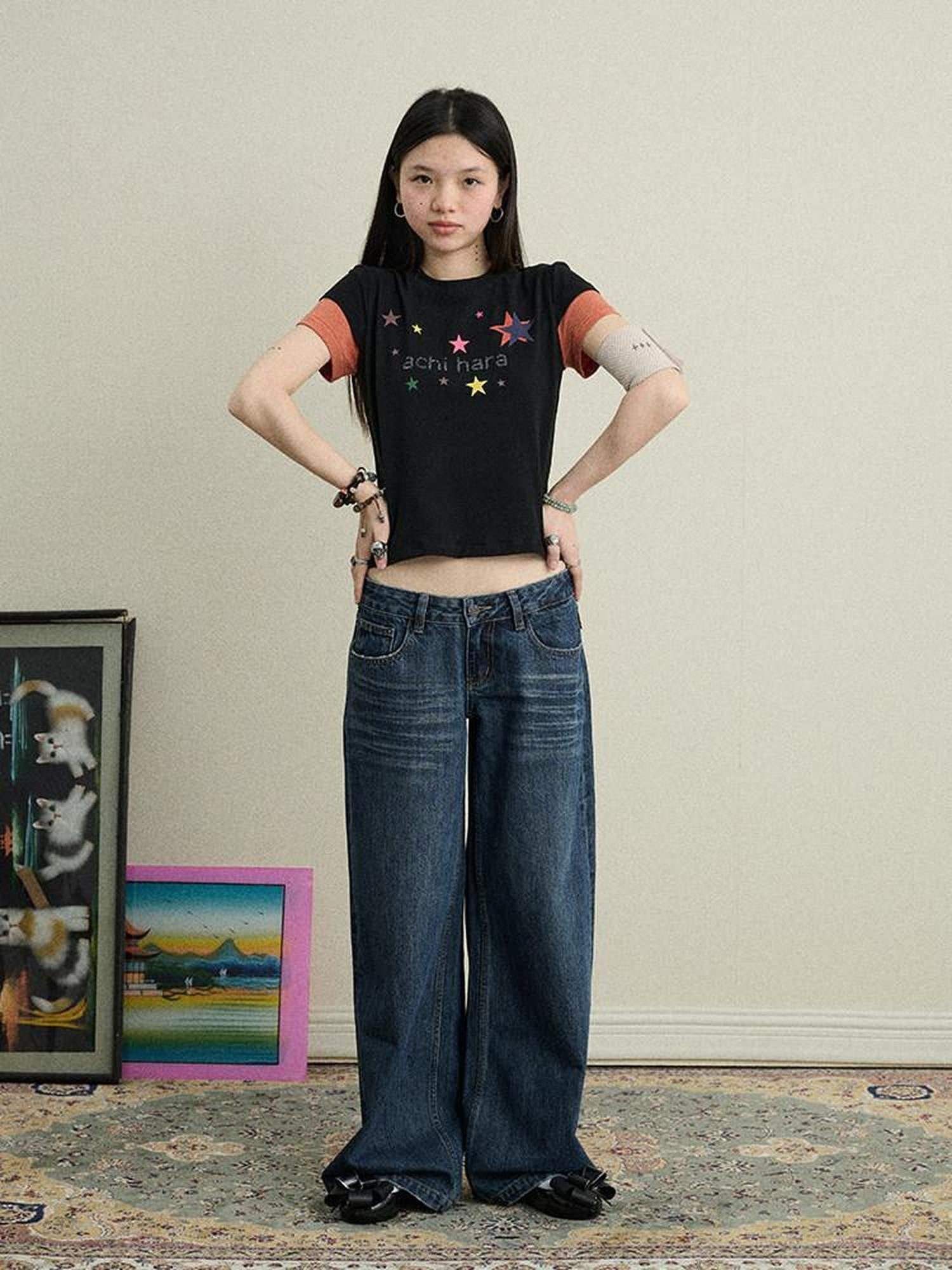 Achihara Layered Creative Print Slim Fit Women'S Cotton Blend Short Sleeve T-Shirts